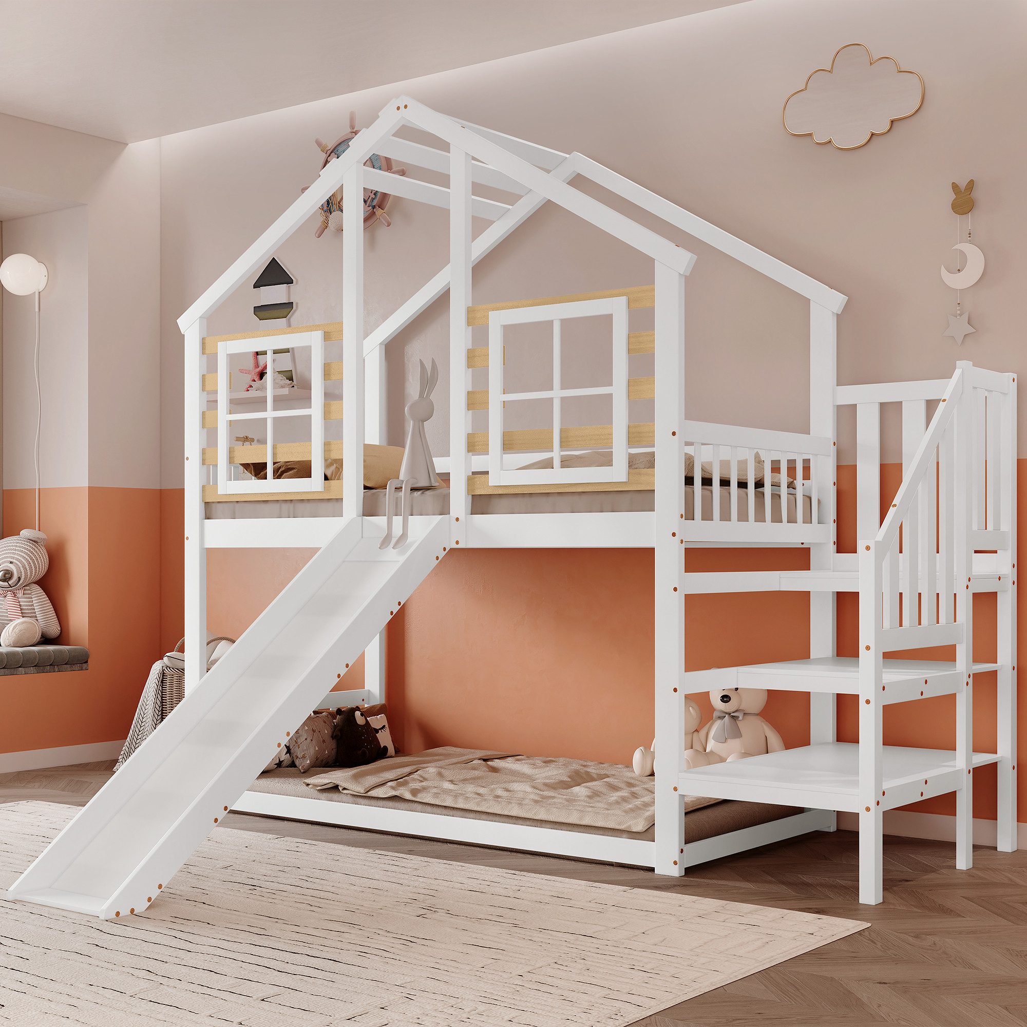 Flieks Etagenbett, Hochbett mit oberem Lattenrost Kinderbett mit Treppe &Ru günstig online kaufen
