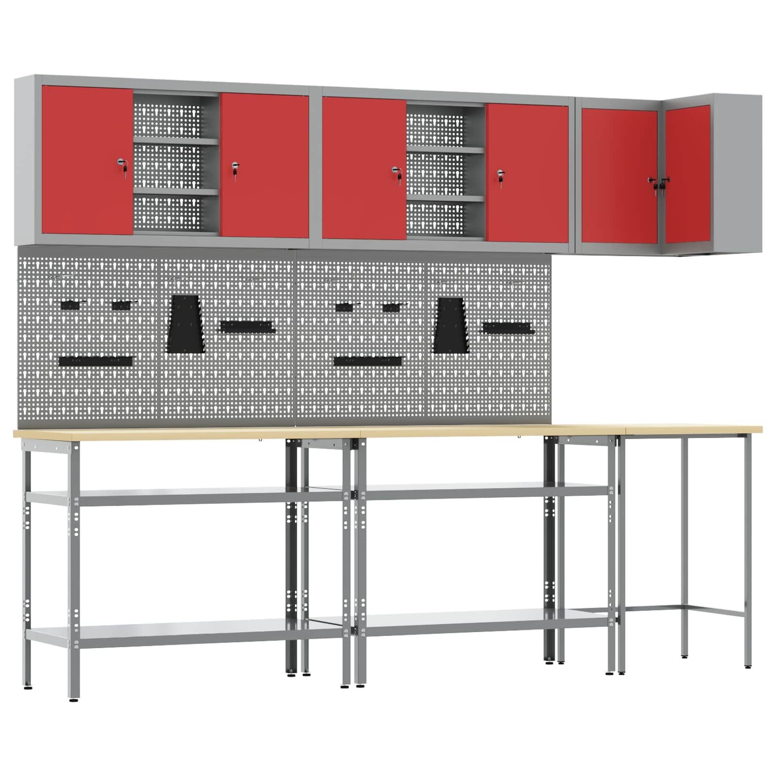 vidaXL Mehrzweckschrank-Set vidaXL Arbeitsschrankset mit Regal mit Speicher 10 Stk. Rot und Grau