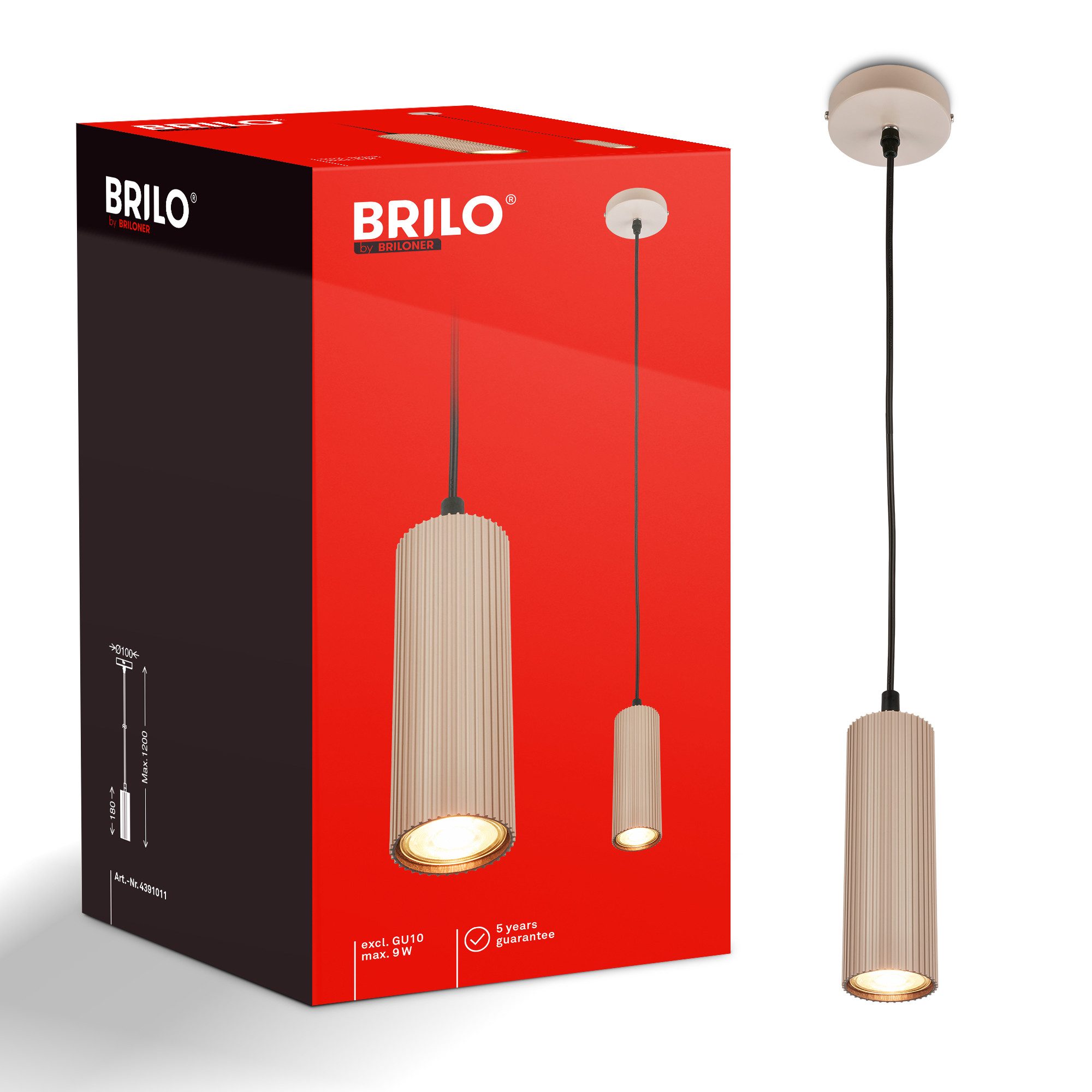 Briloner Leuchten LED Pendelleuchte Hängelampe Höhenverstellbar GU10 Riffle-Optik, 1-flammig, ohne Leuchtmittel, Abhängig vom Leuchtmittel, 20x120 cm, Esszimmer, Esstisch, Wohnzimmer
