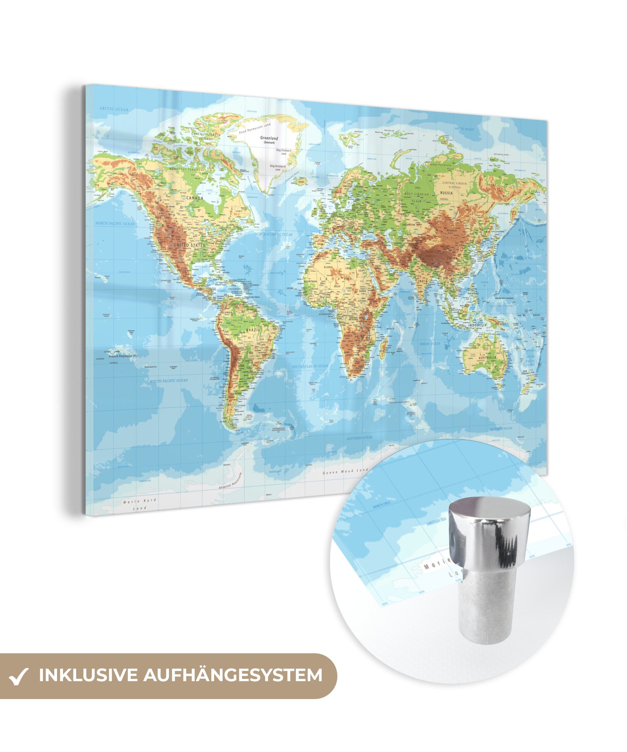 MuchoWow Acrylglasbild Weltkarte - Atlas - Topographie, (1 St), Glasbilder - Bilder auf Glas Wandbild - Foto auf Glas - Wanddekoration