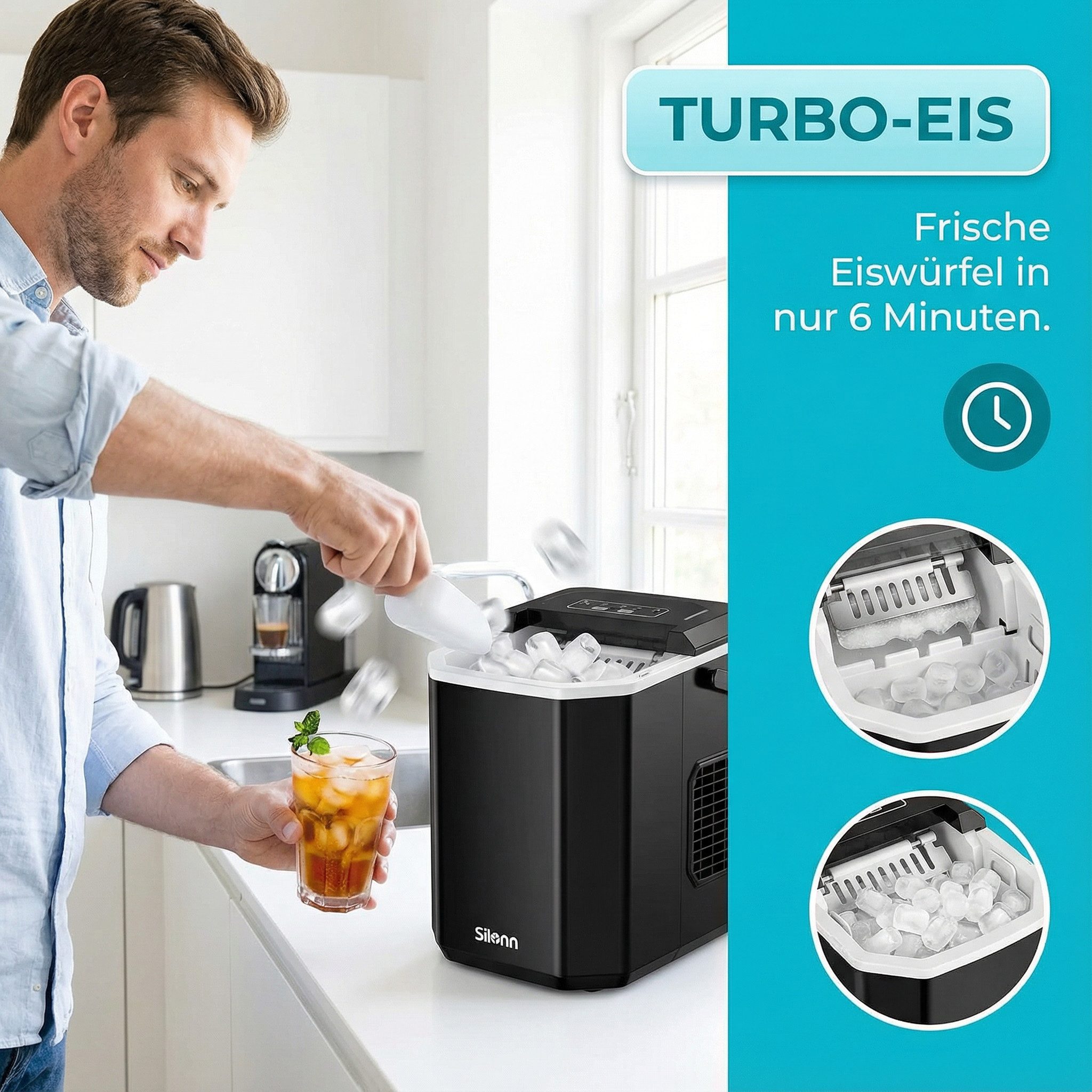 Silonn Eiswürfelmaschine 9 Würfel in 6 Min, 12 kg/Tag, 2 Eisgrößen, Eiswürfelbereiter, Tragbar, Selbstreinigend, Energiesparend, ≤ 45 dB - Für Haushalt, Camping