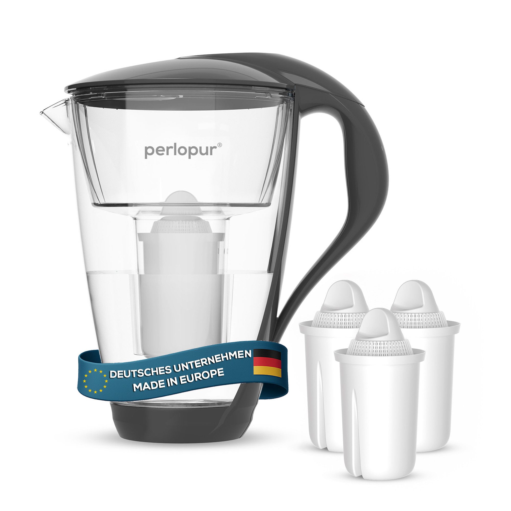 PerloPur Wasserfilter PearlCo Glas Wasserfilter Anthrazit Inkl. 3 Universal Filterkartuschen, Zubehör für Brita Classic u. PearlCo Classic