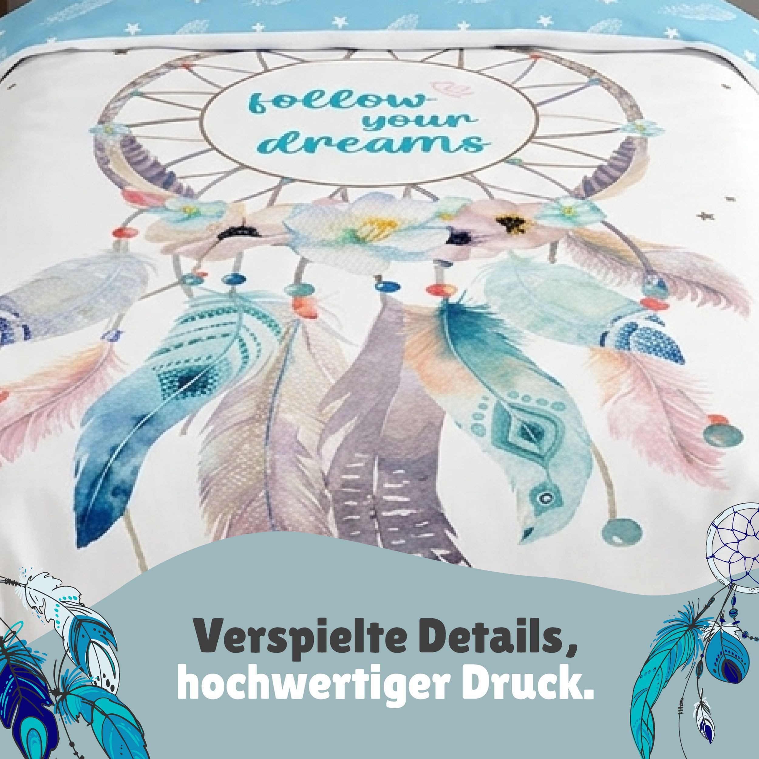 Familando Bettwäsche Dreamcatcher Traumfänger 135x200 80x80 cm Flanell mit Reißverschluss, Flanell, 2 teilig, für Kinder und Erwachsene im Bohemian Boho Style T – Bild 5 von 5