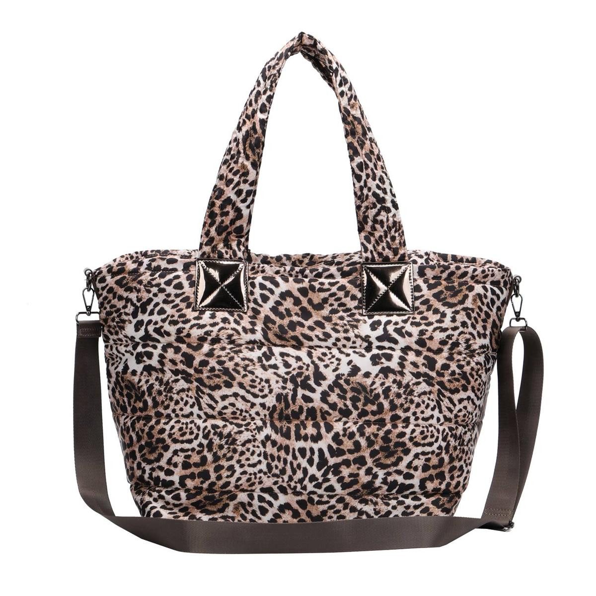 ITALYSHOP24 Schultertasche Damen XXL Shopper Leopard Strandtasche Umhängetasche, Tote Cross Body Bag Freizeit Reisetasche Weekender Nylon Leo Print