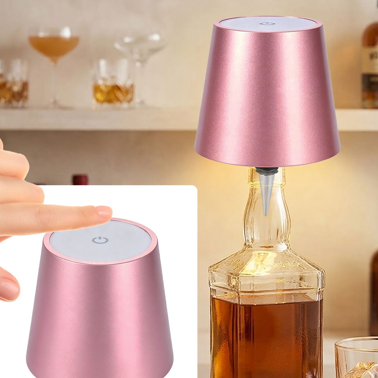 shop'n smile ideoon LED Tischleuchte Akku Flaschenlampe Rosegold Dimmbar LED Tischleuchte Touch USB-C, LEDs, Kaltweiß, Warmweiß, Neutralweiß / Naturweiß, Akku-Flaschenlicht 3 Lichtfarben, dimmbar, Touch, Metallschirm, USB-C