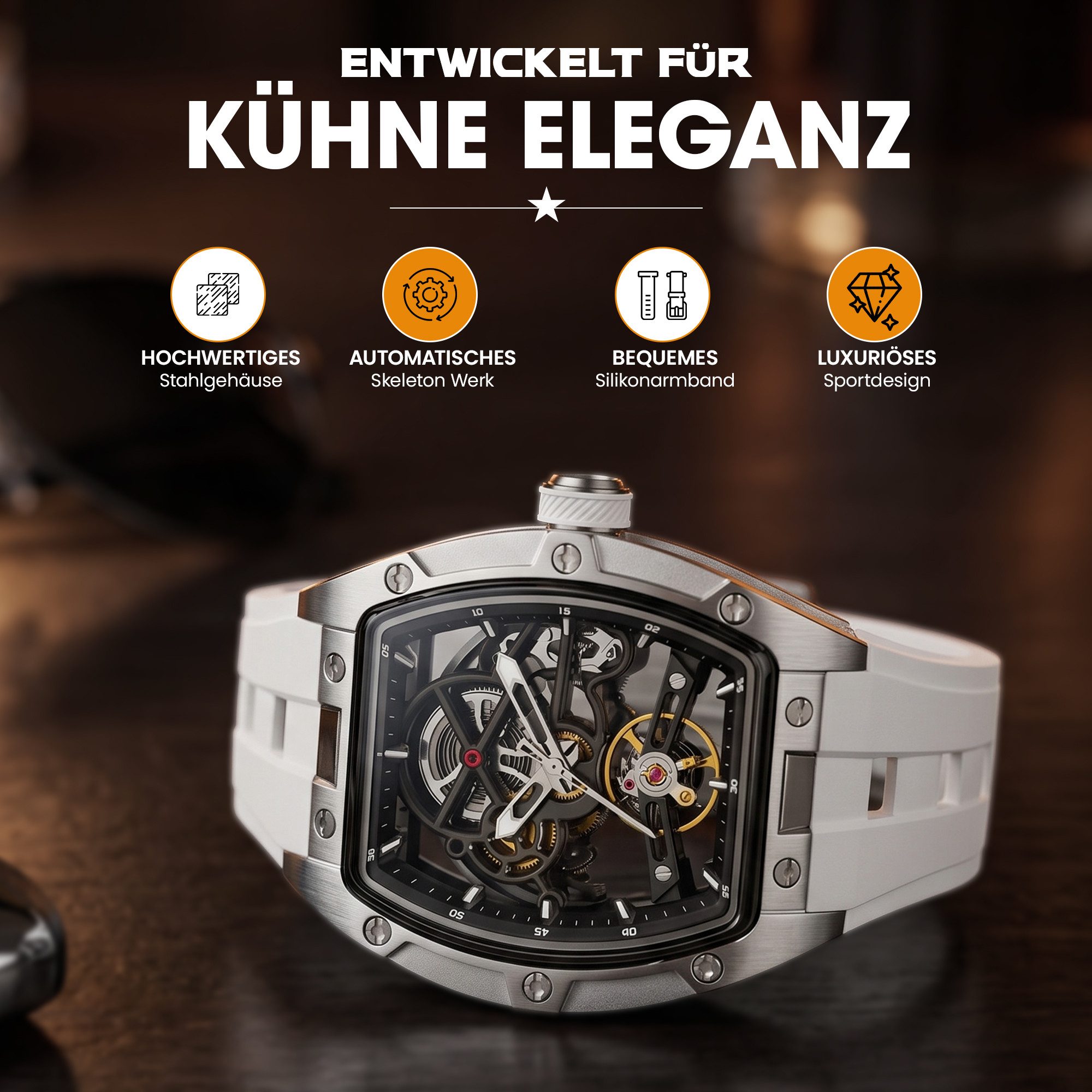 S&T Design Automatikuhr Armbanduhr Herren Uhr Edelstahl Silikon Skelett Skelleton, (inkl. Geschenkbox, Schnalle), Mechanisch 50M Wasserdicht Rechteckig