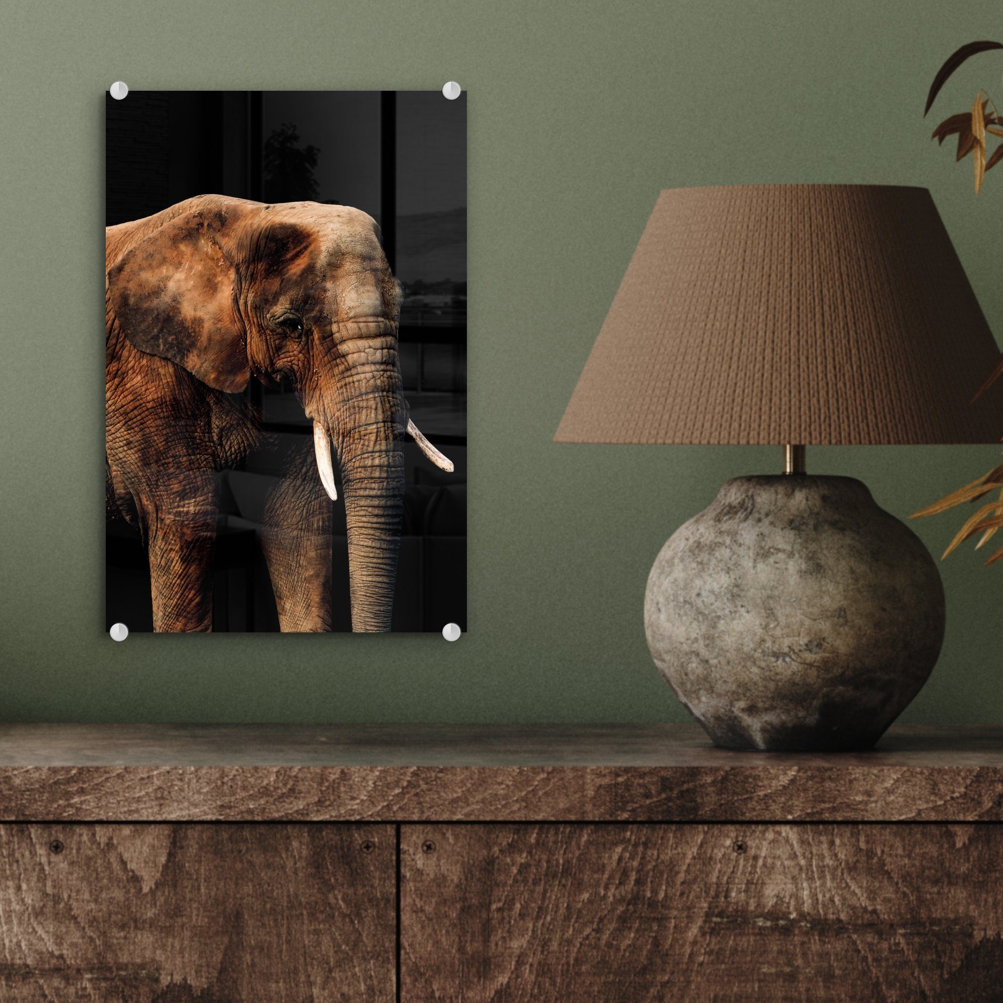 - auf - Wanddekoration Bilder Acrylglasbild St), Elefant Glasbilder - MuchoWow - Schwarz bunt Terrakotta, Wandbild (1 Foto Glas auf - Glas