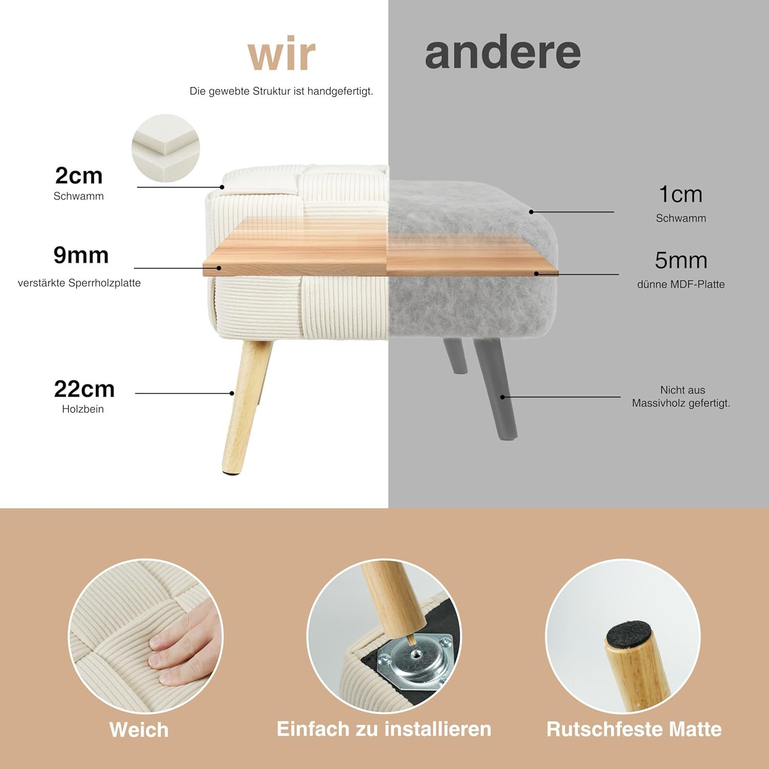 Zedelmaier Sitzhocker Ottoman Sitzbank Schminktisch Hocker Fußhocker Polsterhocker