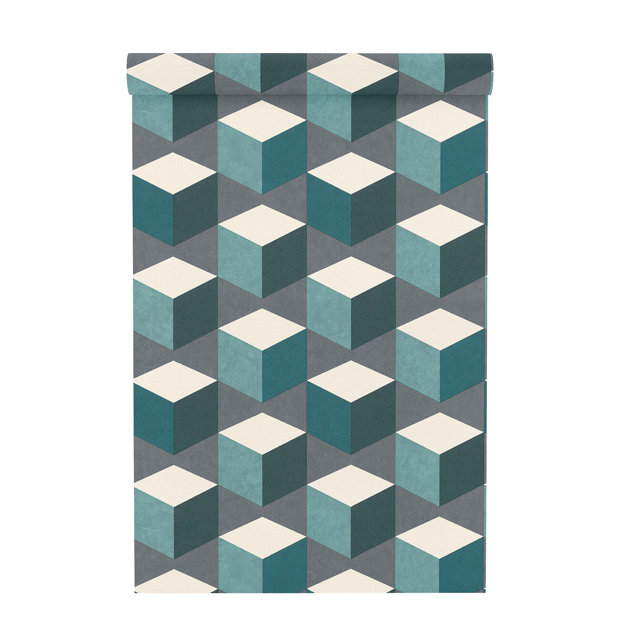 Rasch Vliestapete mit geometrischem Muster in Grüß, Weiß und Grau, strukturiert, 3D-Optik, Quader, geometrisch, (1 Rolle, 1 St), Quadrate, Quader
