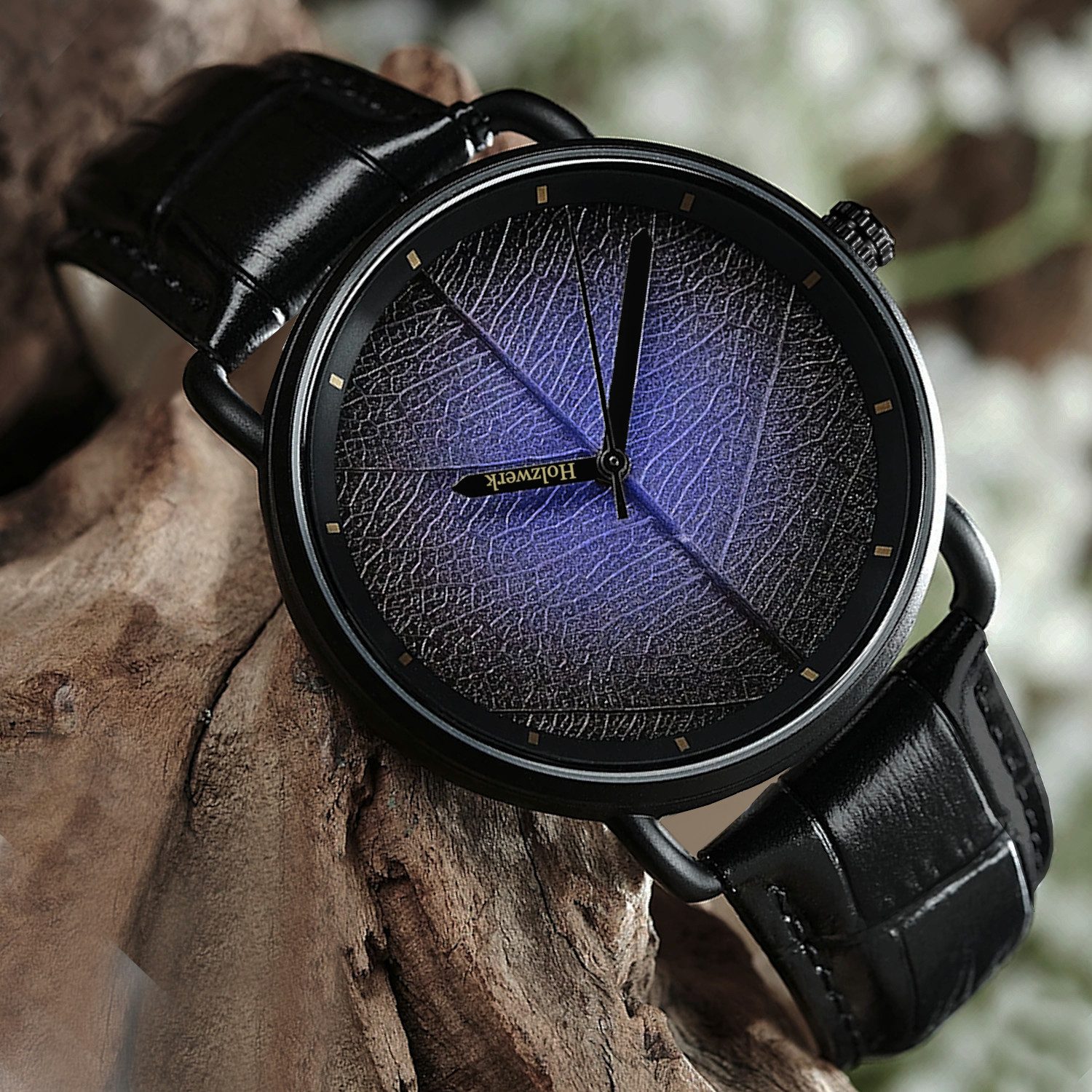 Holzwerk Quarzuhr BIRKENAU Leder & Edelstahl Armbanduhr, Baumblatt, schwarz, lila, blau