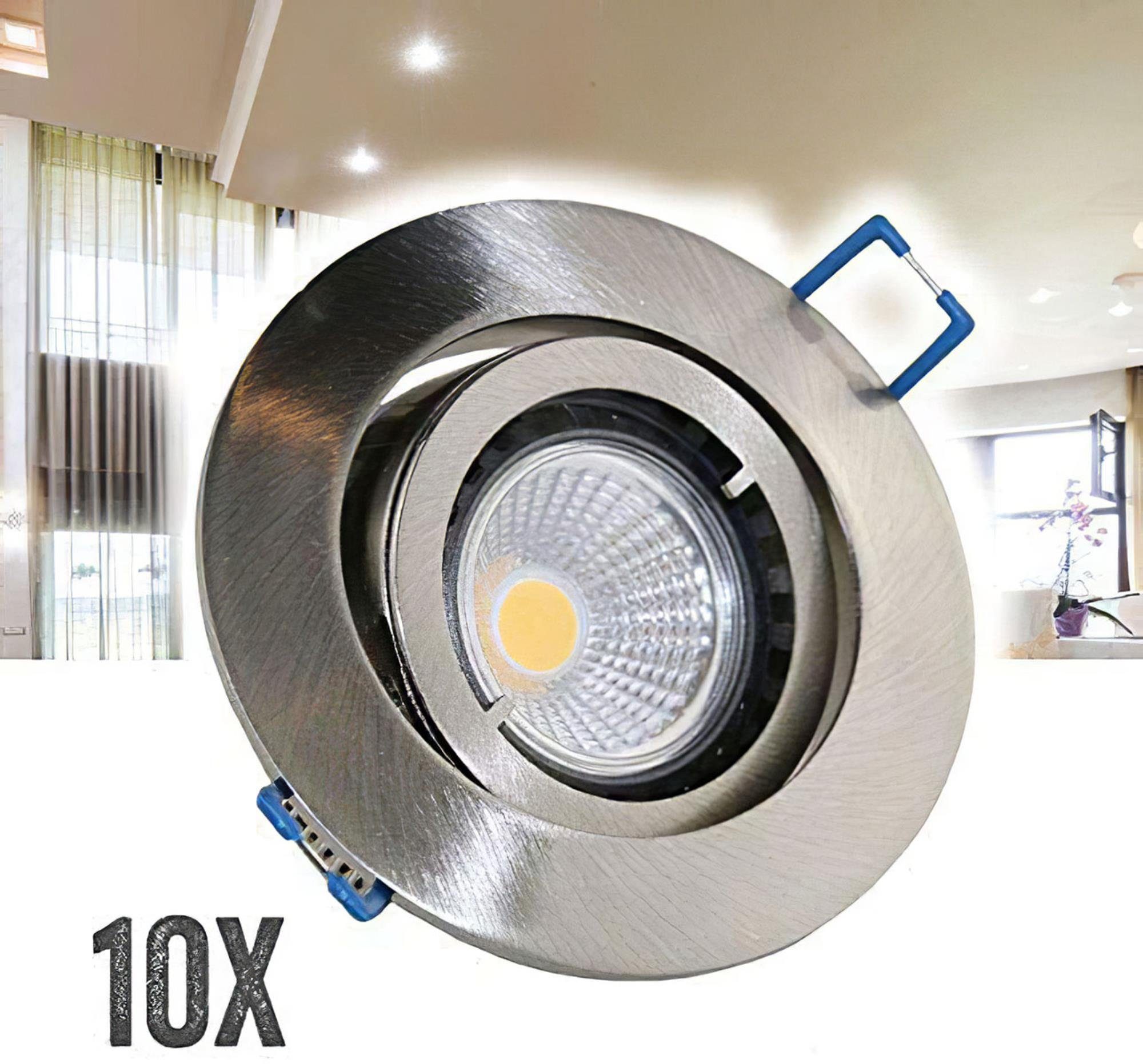 VBLED LED Einbaustrahler 10er Set Einbaustrahler gebürstet rund mit LED Leuchtmittel, LED wechselbar, warmweiß