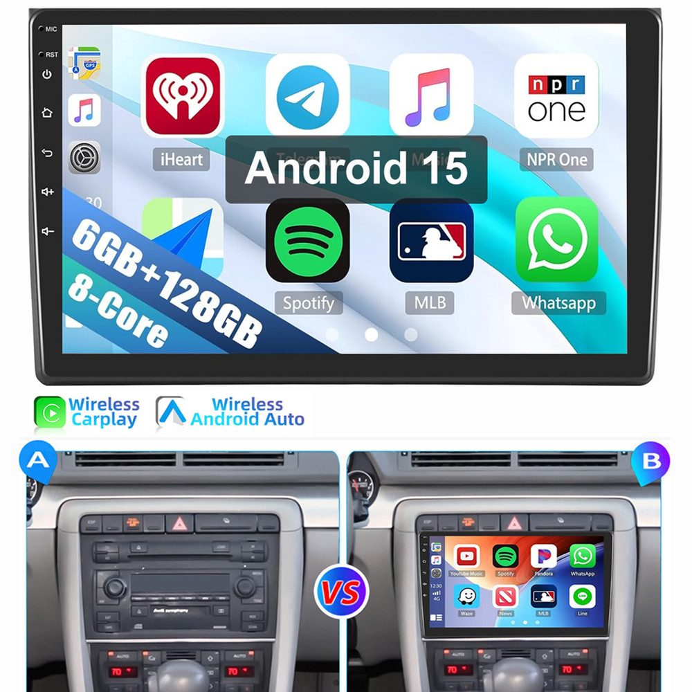 ESSGOO Für Audi A4 00-08 S4 8E 8H B6 B7 6+128GB 8-Kern 4G LTE Autoradio (RDS, Digitalradio (DAB), FM, AM, Carplay Android Auto GPS Navi WIFI BT 4G LTE)