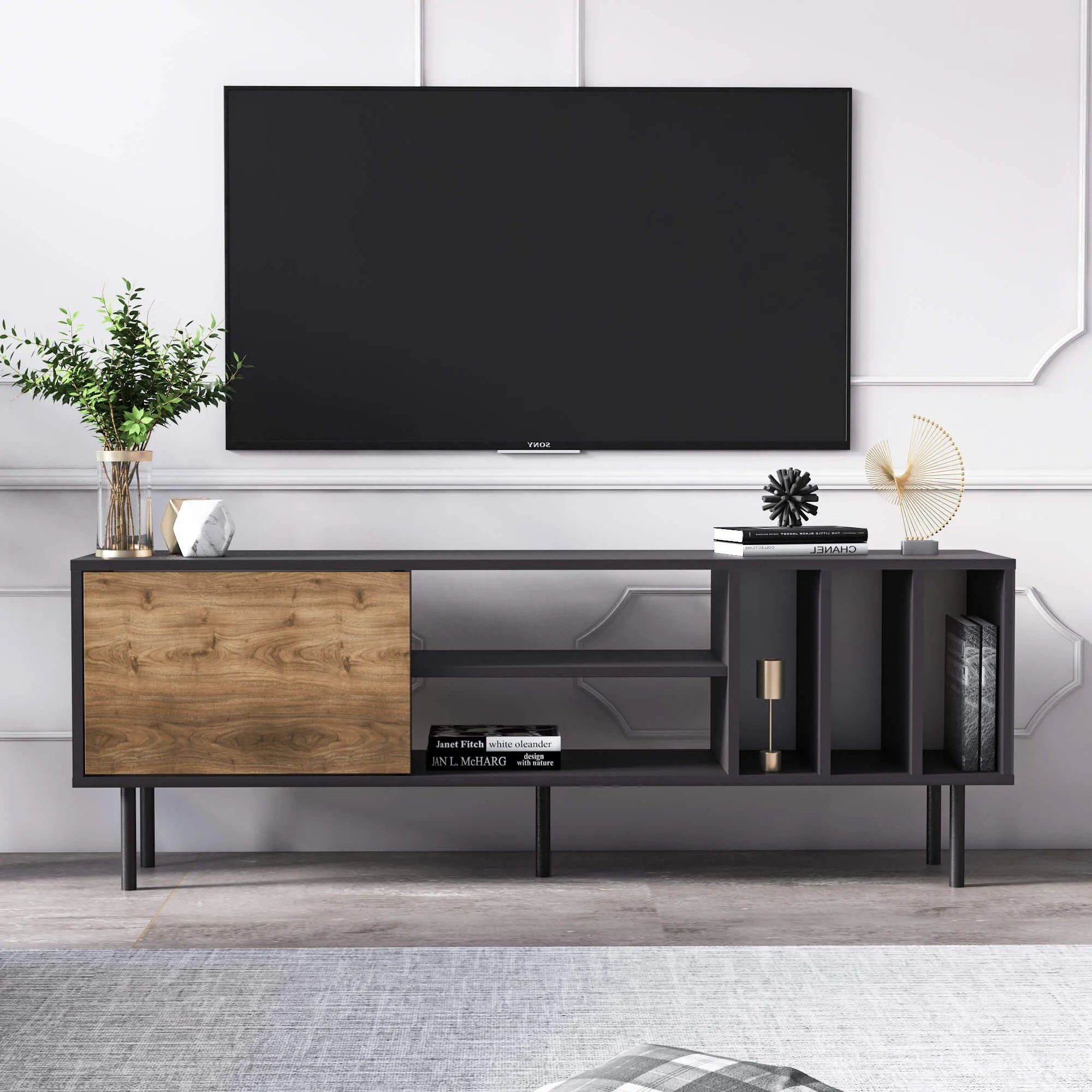 Minimadecor TV-Schrank Pietra TV-Schränke Schwarz & Nussbaum 160cm x 57cm x 35cm | TV-Schränke