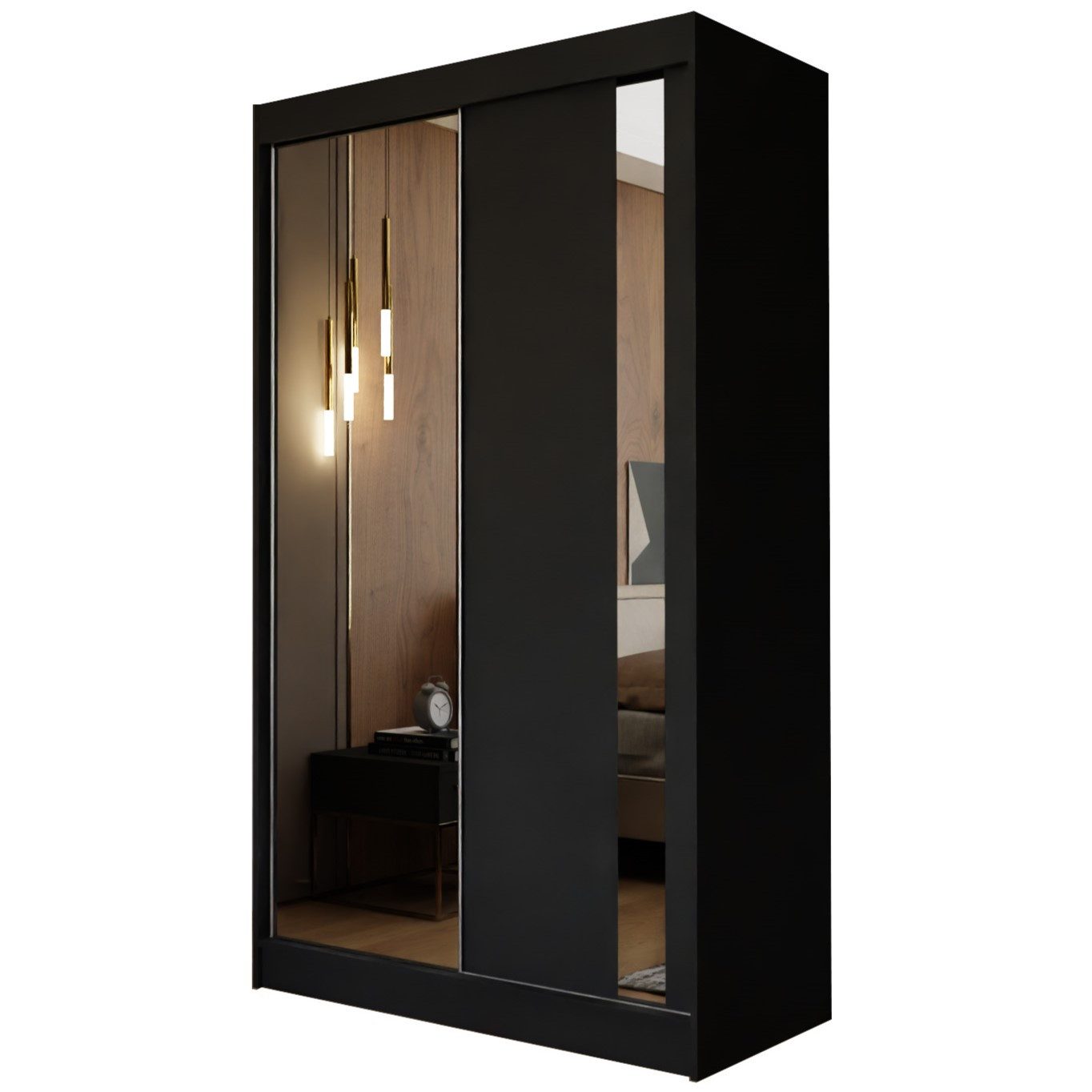 Masseno Schwebetürenschrank GRAZIA 120 cm Kleiderschrank mit Spiegel 2 Türen Schwarz
