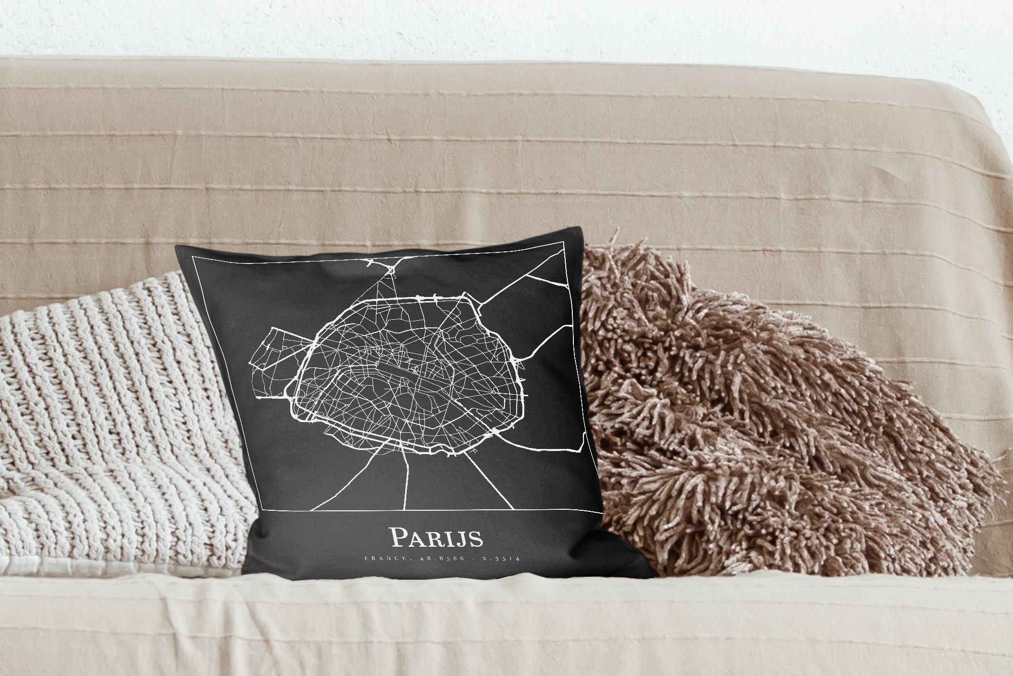 MuchoWow Dekokissen Paris - Stadtplan, Zierkissen für Füllung Wohzimmer, - Deko, mit Sofakissen Schlafzimmer, Karte