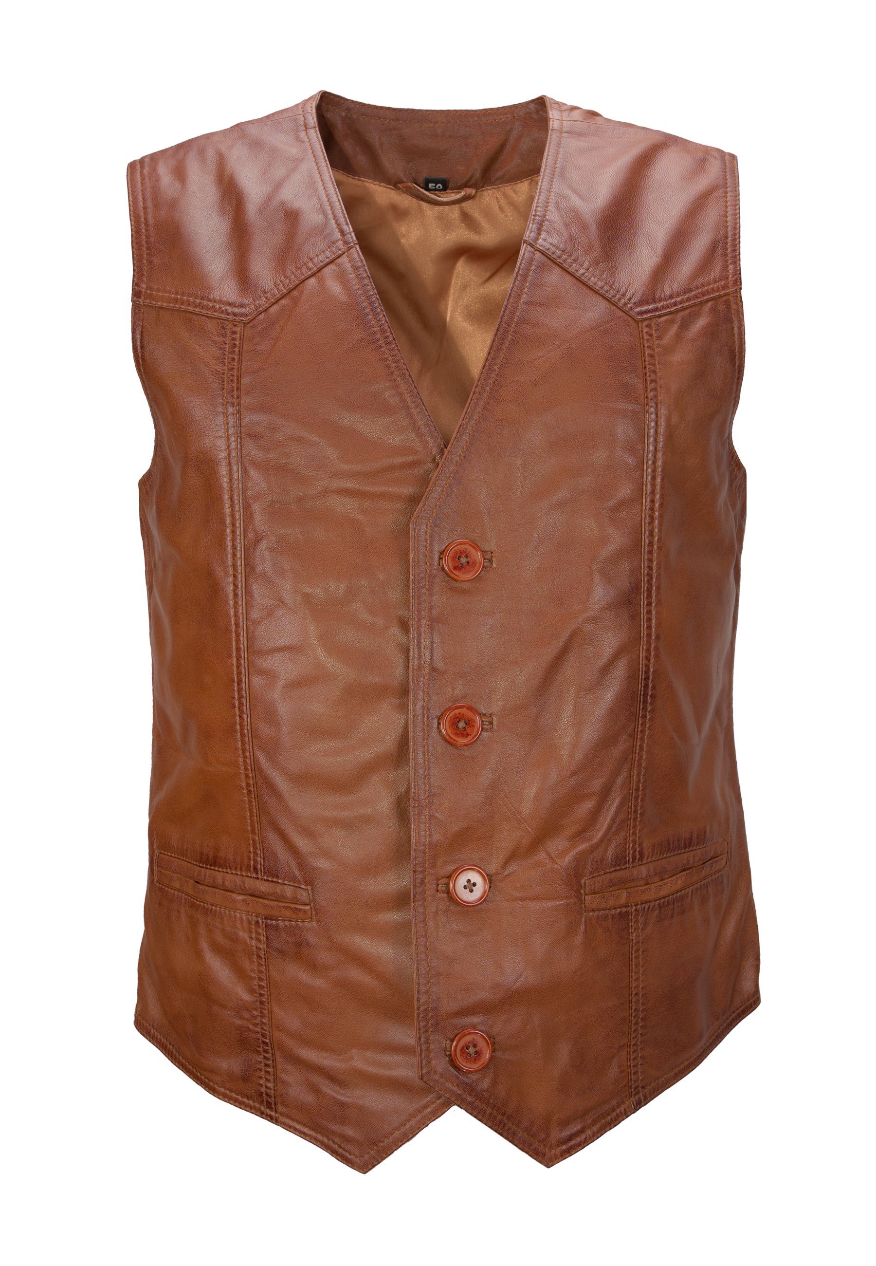 Lolus Lederweste Ludwig dark cognac Herren Lederweste mit Knopfverschluss aus weichem Lammnappa Leder