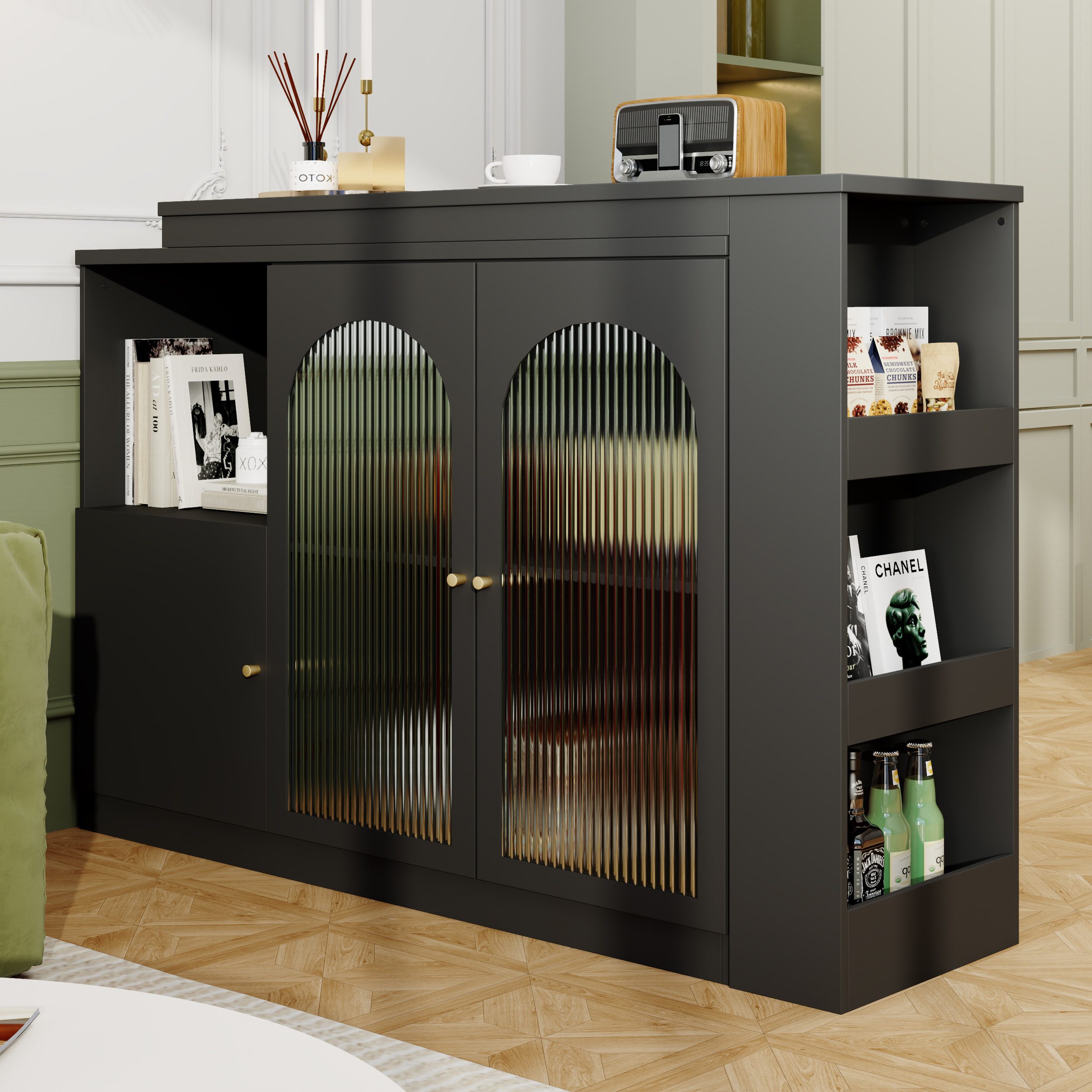 Flieks Bartisch 360° drehbar Stehtisch mit Sideboard (Set, 1-St., für Wohnzimmer, Küche und Esszimmer), ausziehbar Esstisch mit Glastüren Aufbewahrungsschrank Bistrotisch