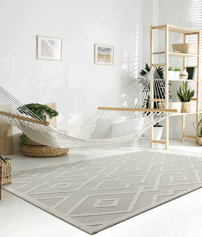 Teppich »Santo Outdoor Teppich wetterfest - hochwertiger Balkon Teppich Grau - Boho Teppich mit Dreieck-Muster in 80 x 150 cm aus Polypropylen«, the carpet, Rechteck