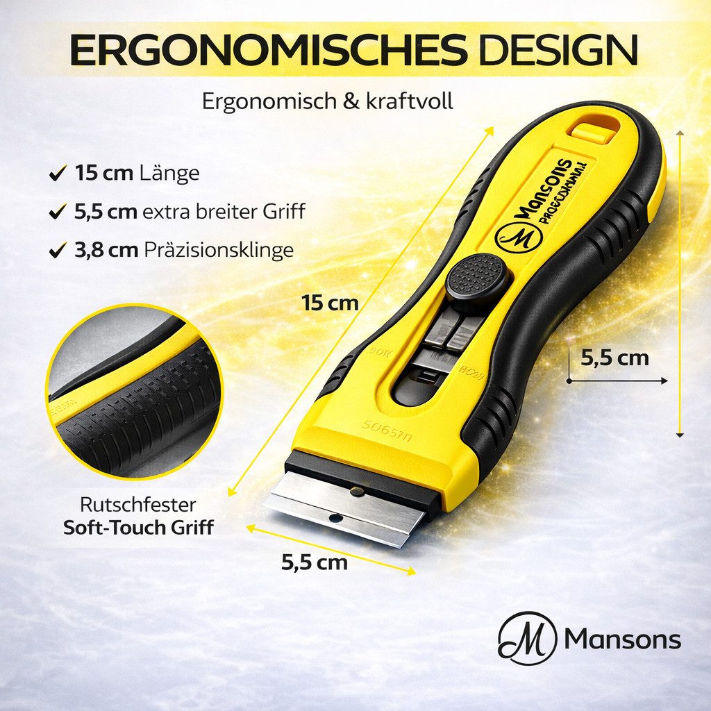 Mansons Glasschaber Pro mit automatischem Klingenwechsel & 16 Klingen 16 Ersatzklingen
