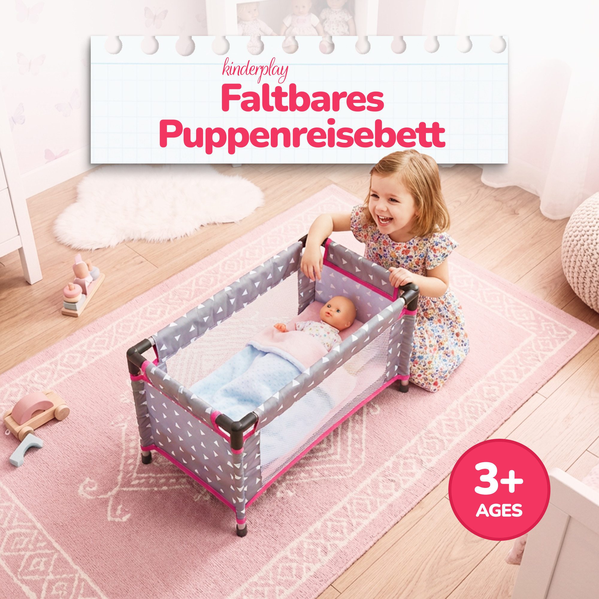 kinderplay Puppenbett Puppenreisebett mit Tasche – faltbar & stabil – für Puppen bis 46 cm
