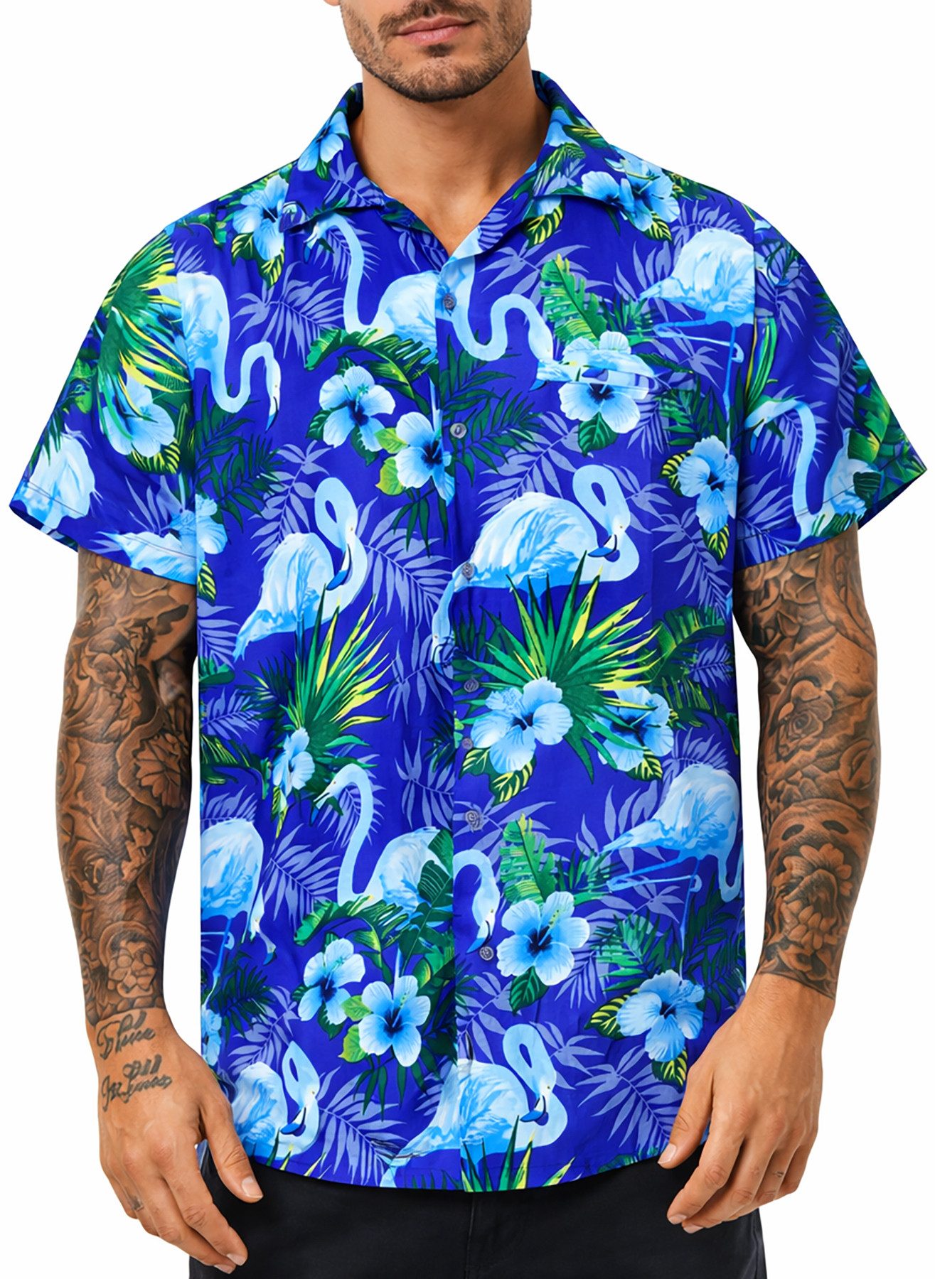 King Kameha Hawaiihemd "Flamingo Flowers" Funky Hawaii-Hemd Herren Kurzarm Front-Tasche