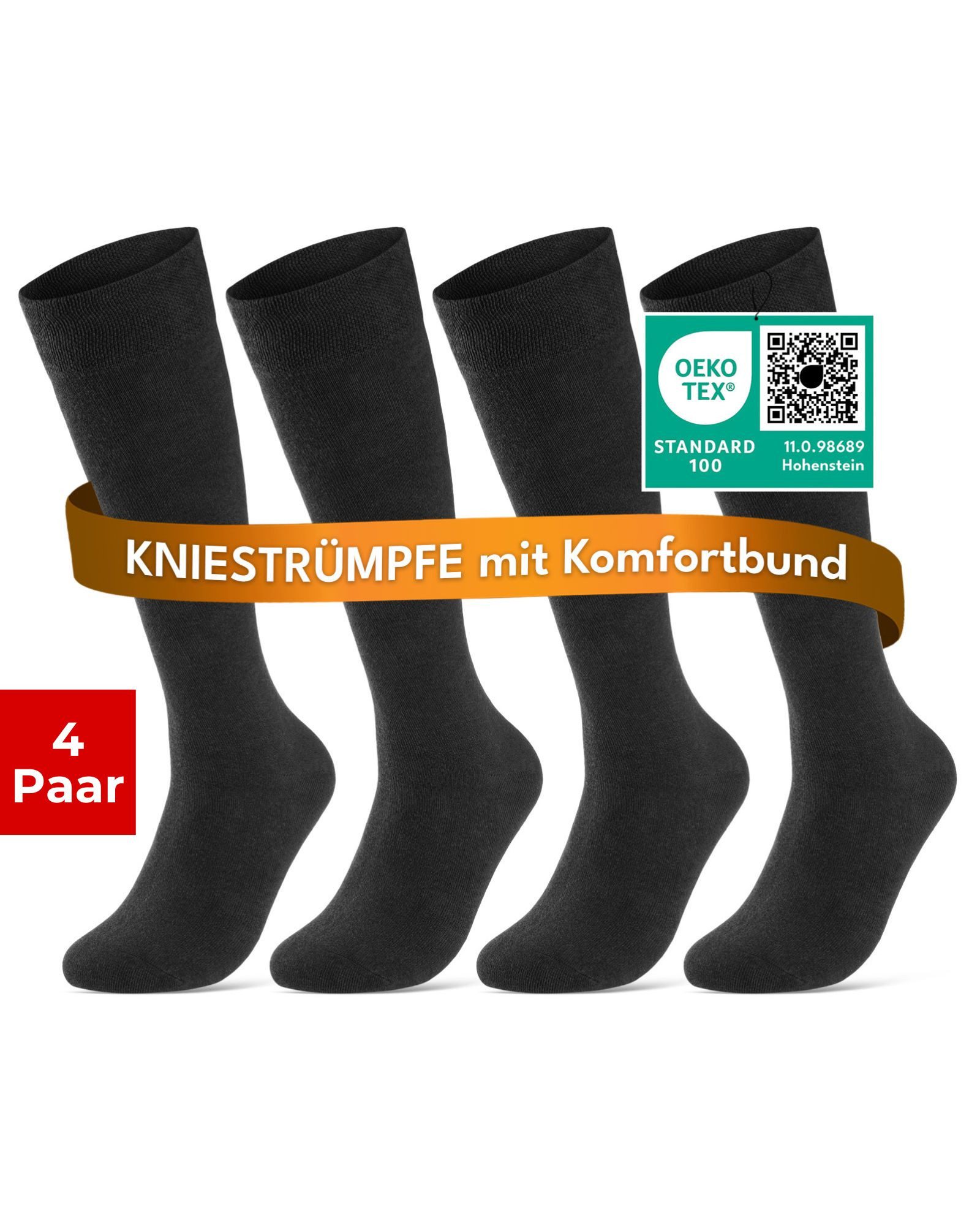 sockenkauf24 Kniestrümpfe Damen & Herren mit Komfortbund ohne Naht aus Baumwolle (Schwarz, 4-Paar, 43-46)