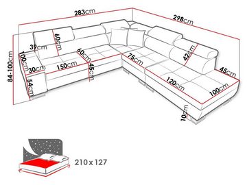 MIRJAN24 Ecksofa Morena IX, mit zwei Bettkästen und Schlaffunktion, Einstellbare Kopfstützen, USB-Anschluss, Barfach, Lampe, Steckdose