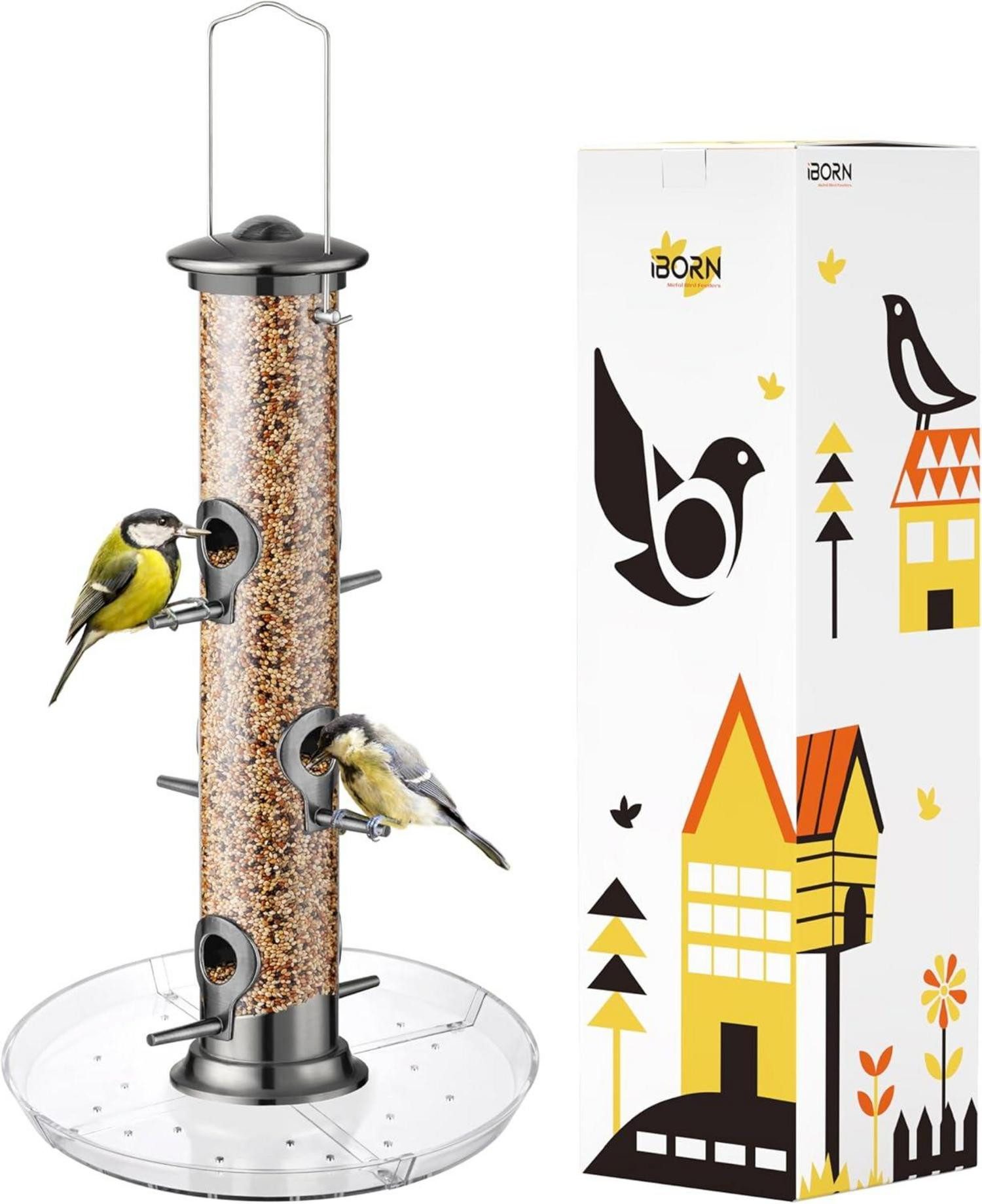 Vogelhaus Vogelfutterspender mit 6 Anflugplätzen, Metall, Schwarz, 38 cm
