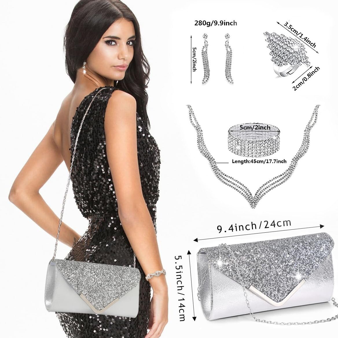 Zaewry Schmuckset 5-teiliges Damen-Schmuckset, silbernes Strass-Schmuckset, geeignet für Braut, Hochzeit, Ball und andere Anlässe
