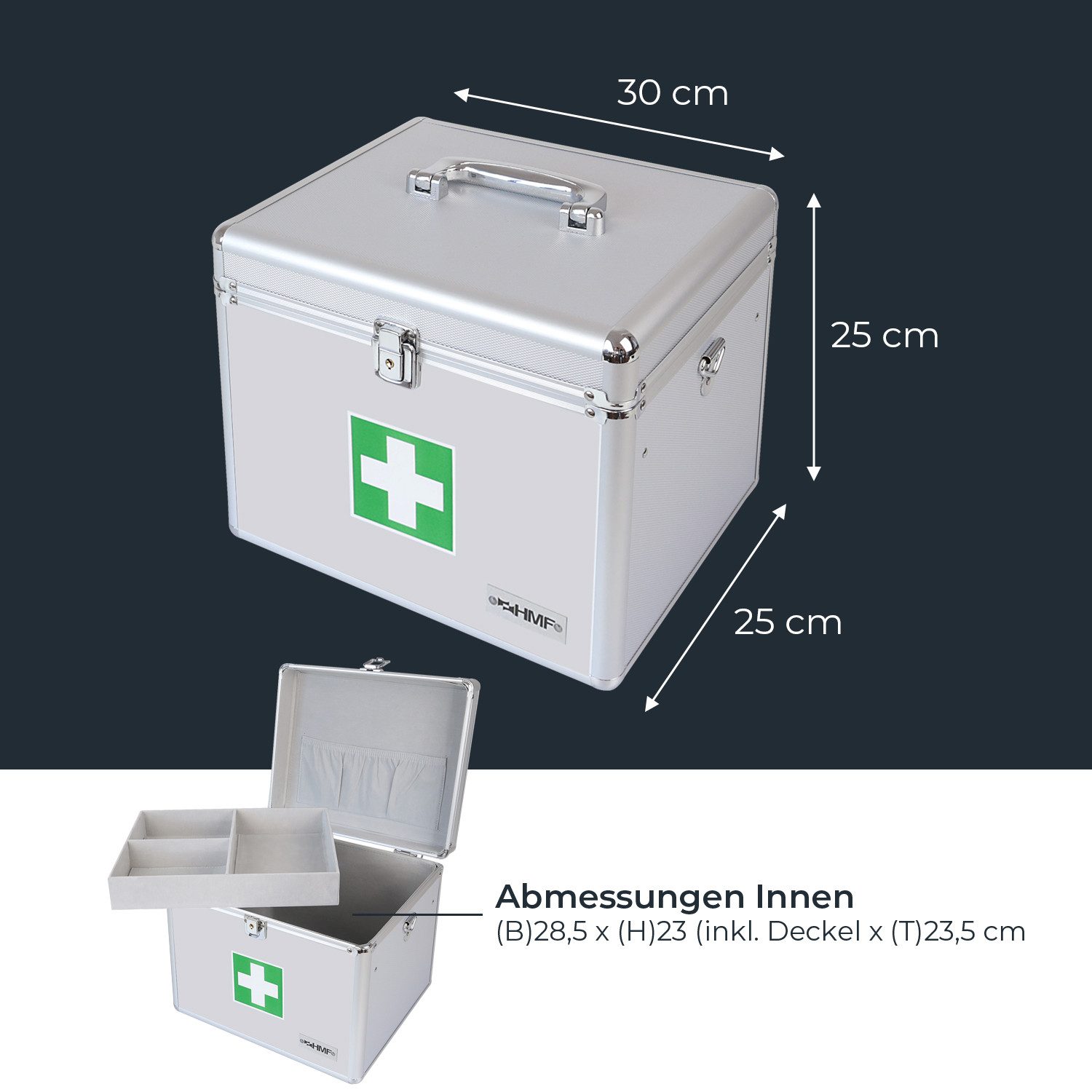 HMF Erste-Hilfe-Koffer Alu Medizinkoffer, Erste Hilfe Koffer, Arztkoffer mit Tragegriff, 30 x 25 x 25 cm – Bild 5 von 5