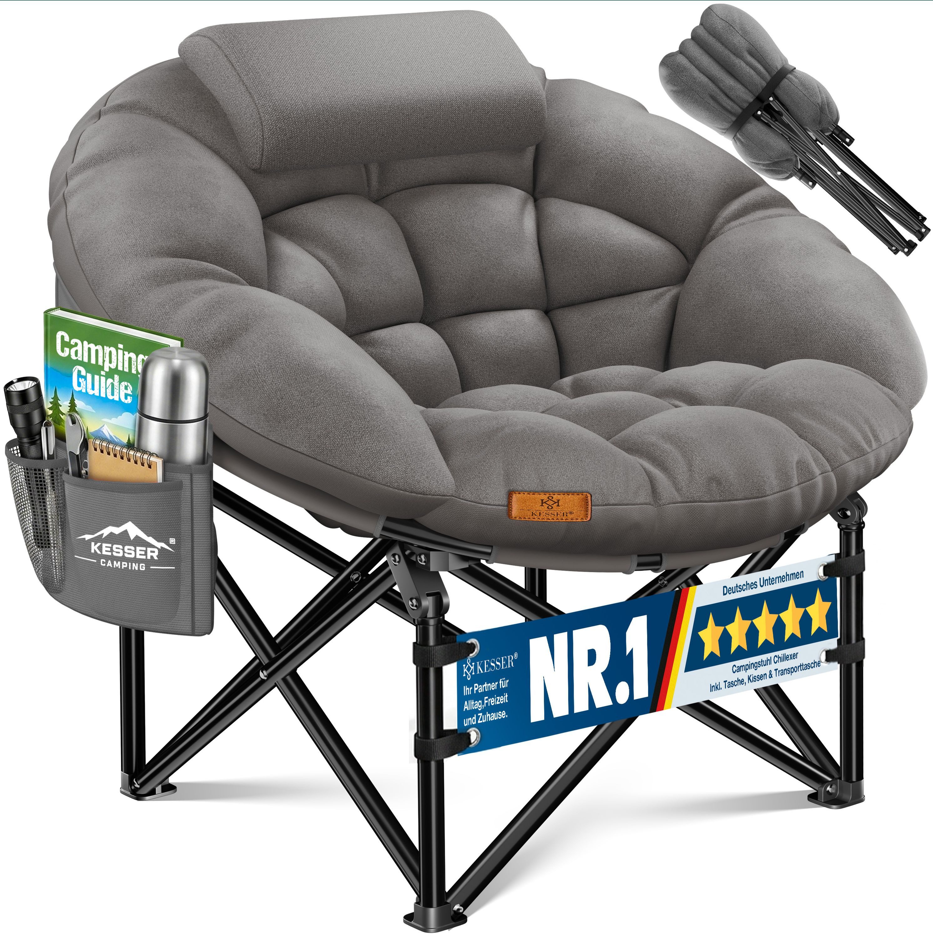 KESSER Campingstuhl XXL faltbar, bis 150 kg, inkl. Kissen, Seitentasche & Cover, Outdoor + Indoor für Camping, Angeln, Festival & Strand