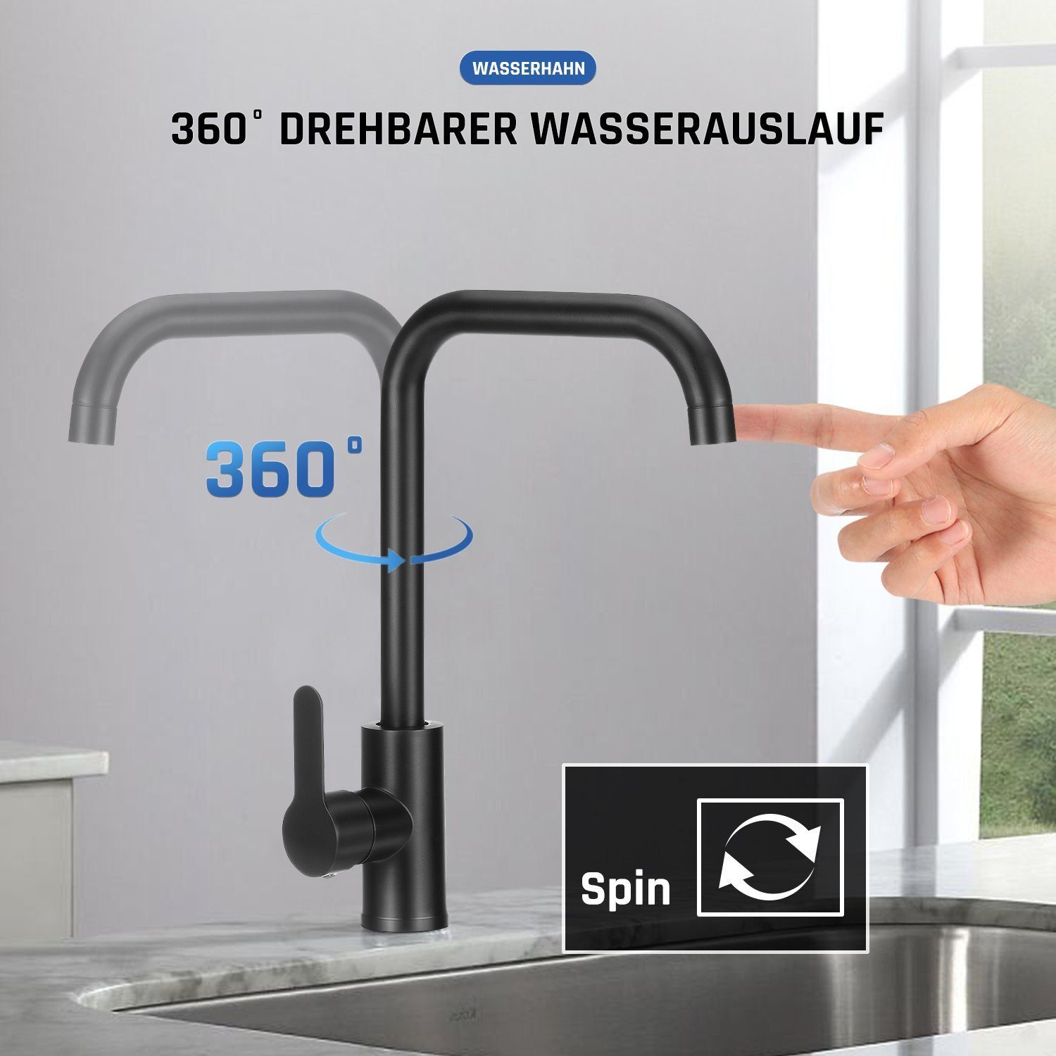 60cm Kaltes G1/2‘’ aus Schläuche, iscooter Küchenarmatur Wassersparend-Wasserhahn mit Drehung, Küche Warmes Wasser 360° Mischbatterie Schwarz Edelstahl