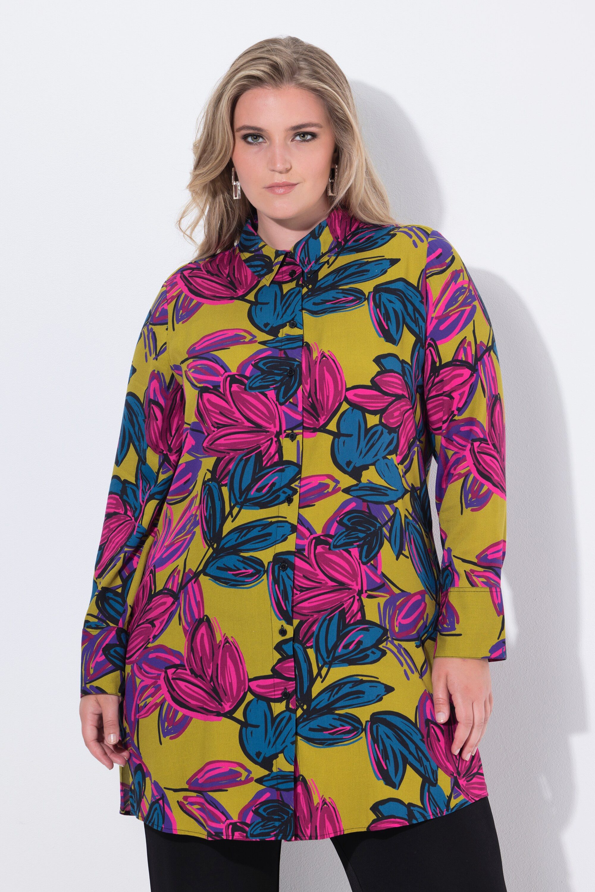 Longbluse Longbluse Blüten Hemdkragen Langarm