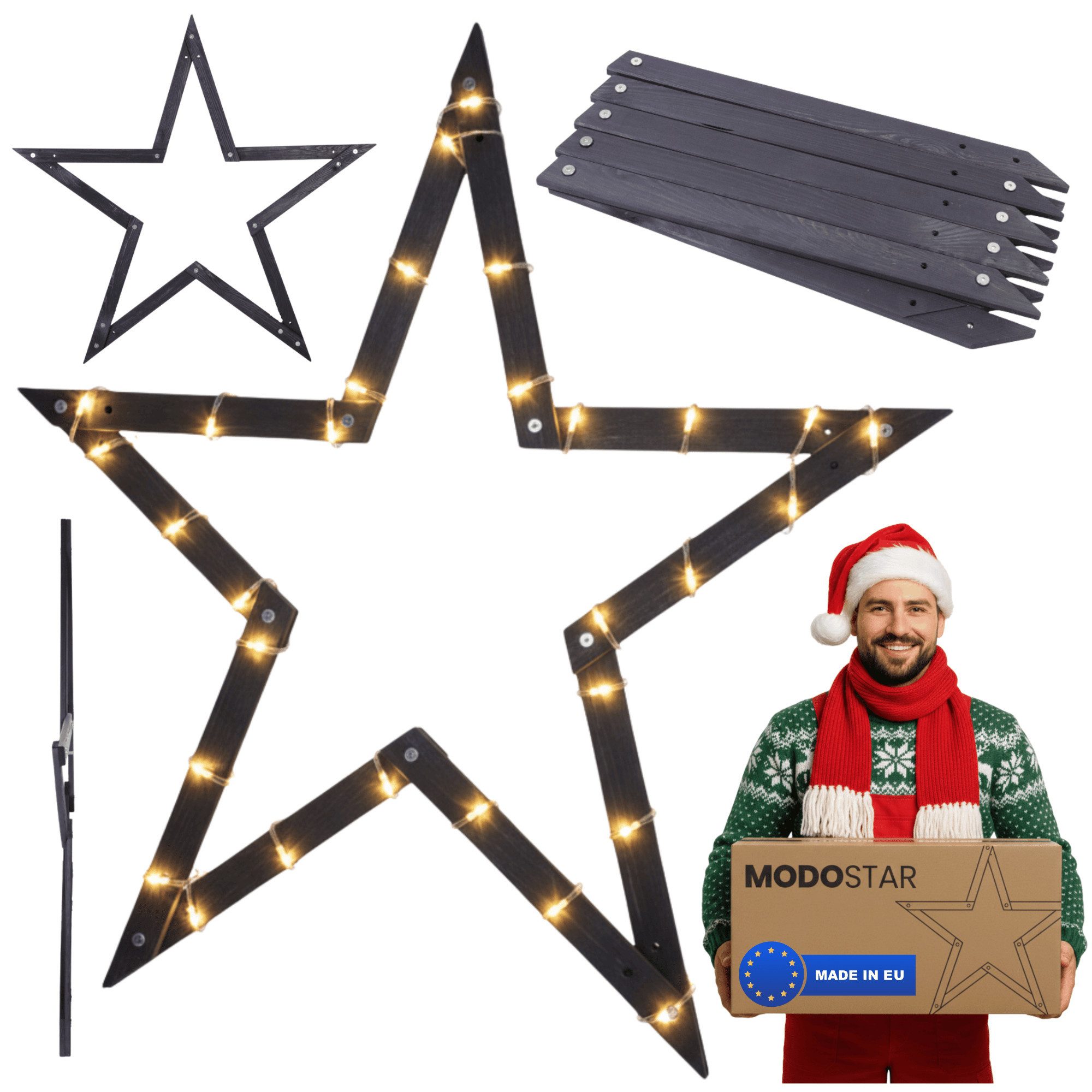 Modo24 Dekostern DIY MODOSTAR Weihnachtsstern Set aus FSC Holz 2D und 3D in 3 Breiten, zum Garten & Terrasse, wetterfest, faltbar & stabil, Weihnachtsdeko