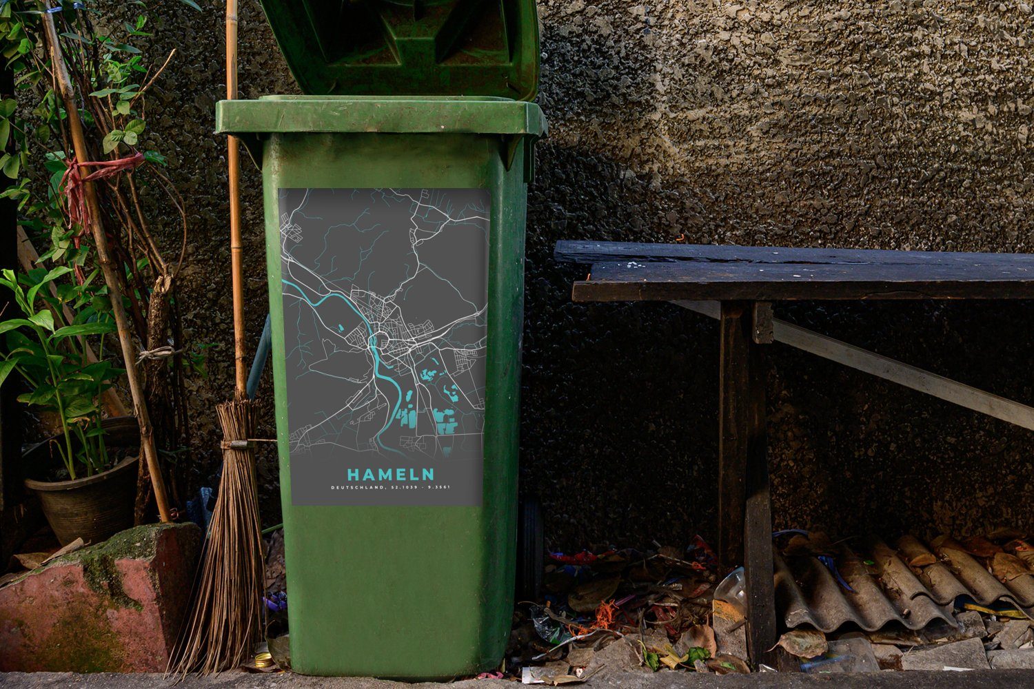 Wandsticker Stadtplan MuchoWow Abfalbehälter Karte St), Mülltonne, Mülleimer-aufkleber, - Container, Hameln - Deutschland Blau - Sticker, (1 -