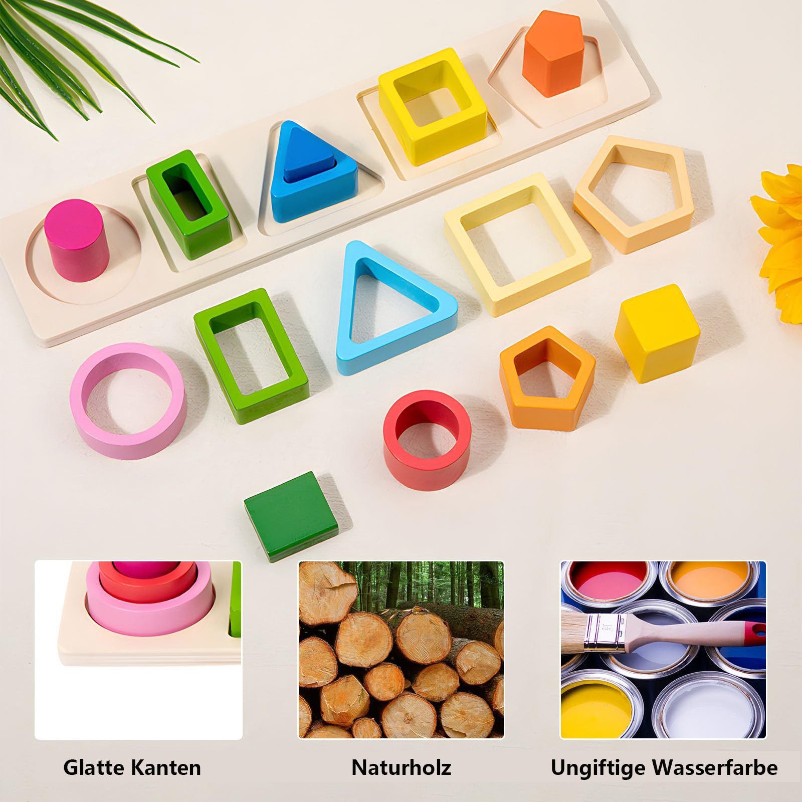 Flintry Lernspielzeug Montessori Spielzeug Geometrisches Holzspielzeug für Stapelspiel, mit Bunten Formen Lernspielzeug Motorischen Fähigkeiten – Bild 2 von 5