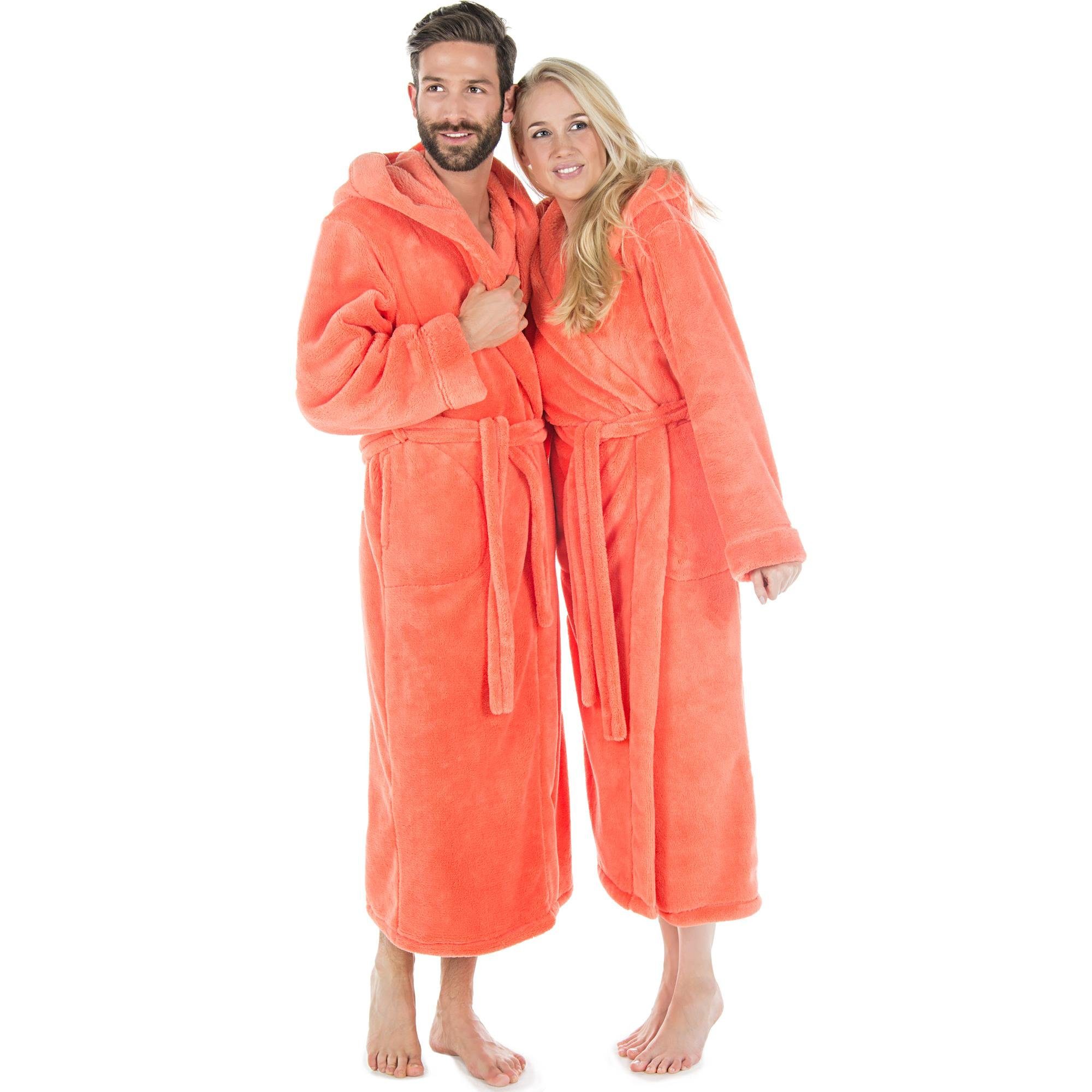 CelinaTex Bademantel Morgenmantel Kapuze Fleece wadenlang für Sie&Ihn Samos XS lachs, Polyester