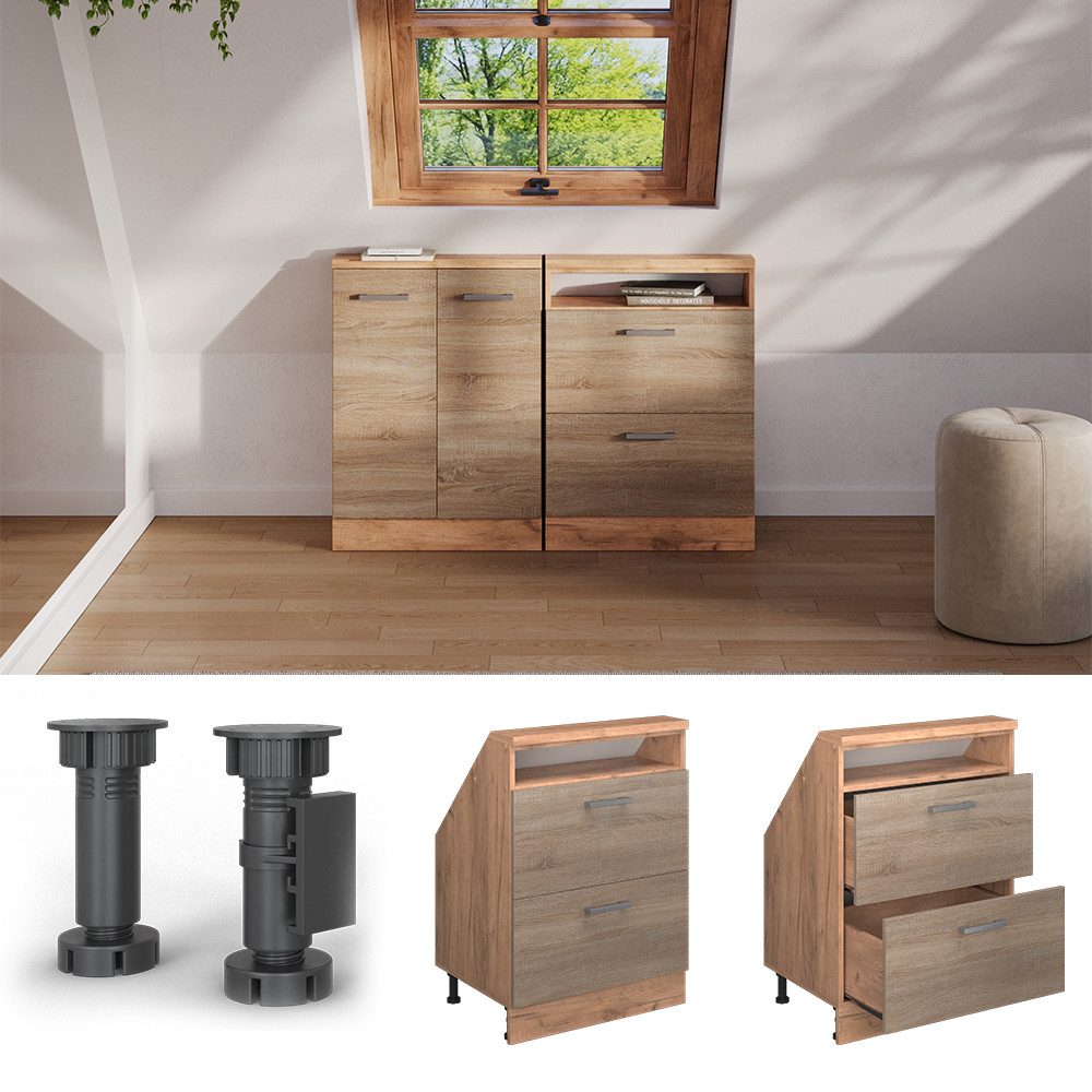 Vicco Unterschrank R-Line, Sonoma/Goldkraft Eiche, 60 cm mit 2 Schubladen (1-St)