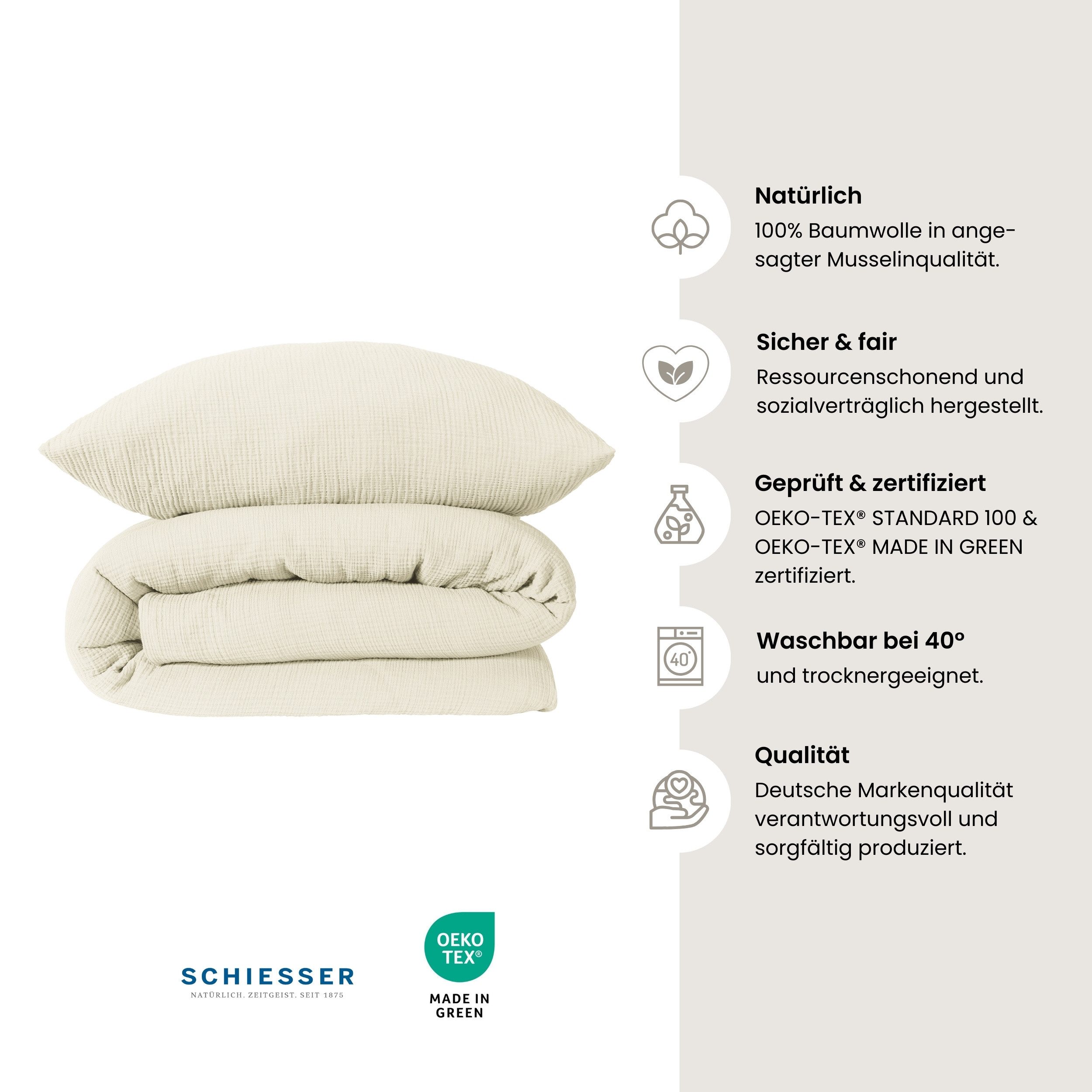 Schiesser Bettwäsche Molly aus supersofter Musselin-Qualität in gedeckten Farben, Musselin, 2 teilig, Made in Green