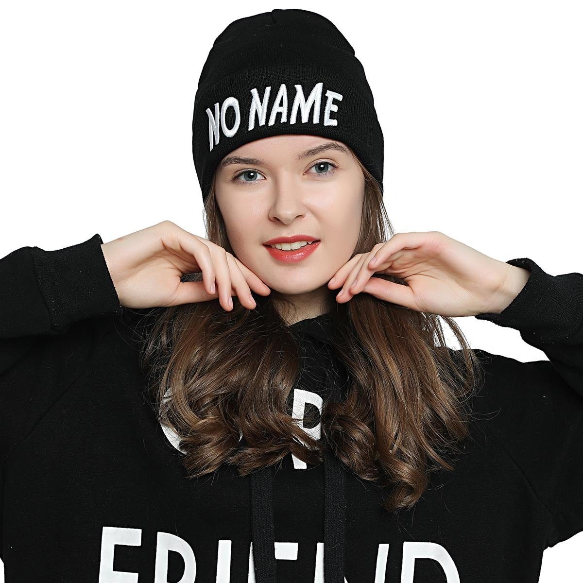 DonDon Beanie Krempe Statement-Print, mit Winter Strickmütze schwarz NAME" - Beanie Wintermütze, Damen (Packung, 1-St) coolem mit Stylische "NO