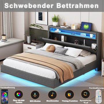 Flieks Polsterbett, LED Doppelbett 160x200cm mit USB-Laden und Stauraum am Kopfteil Leinen