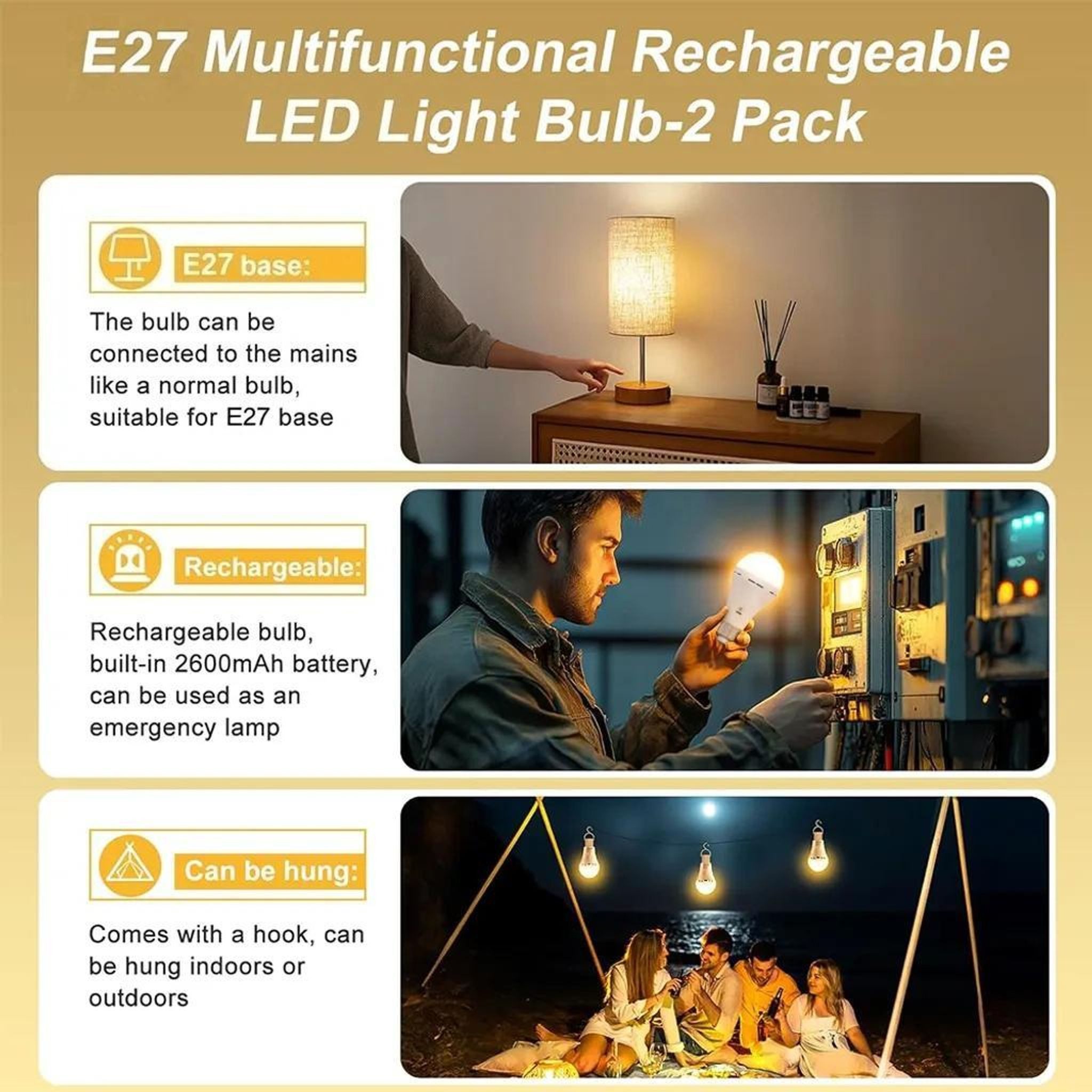 FELIXLEO Außen-Tischleuchte 2er LED Glühbirne 2600mAh USB Rechargeable Fernbedienung E27 Haken