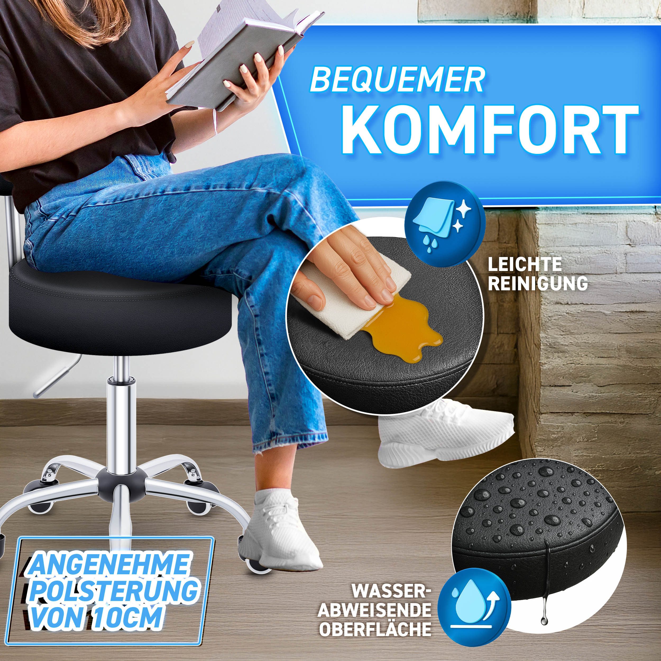 TRESKO Drehhocker Rollhocker mit Lehne, Arbeitshocker höhenverstellbar 46-58 cm, Bürostuhl mit Rollen Hocker Drehstuhl Kosmetikhocker