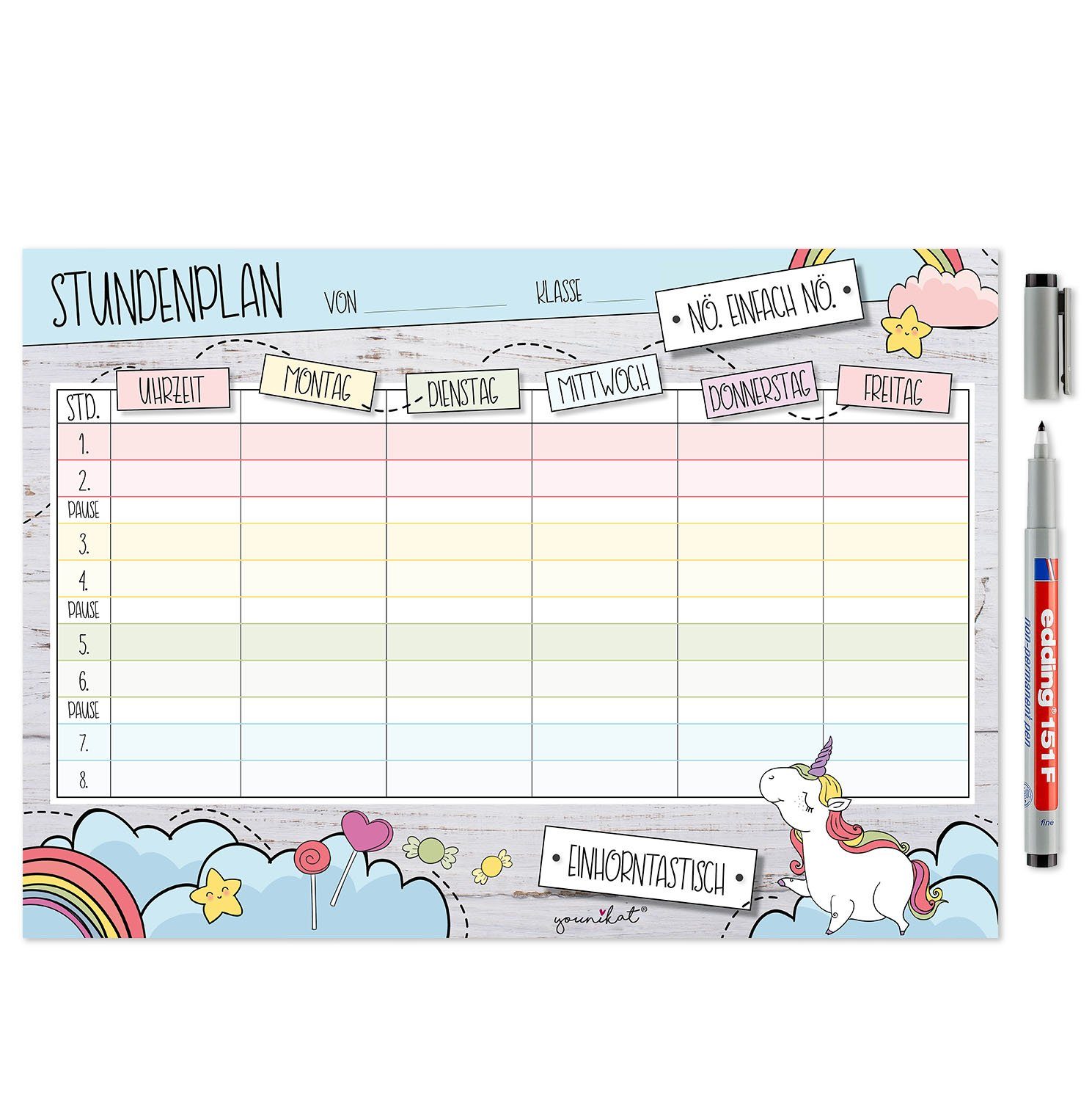 younikat Schülerkalender Einhorn Stundenplan mit magnetischer Rückseite I Abwischbar I DIN A4