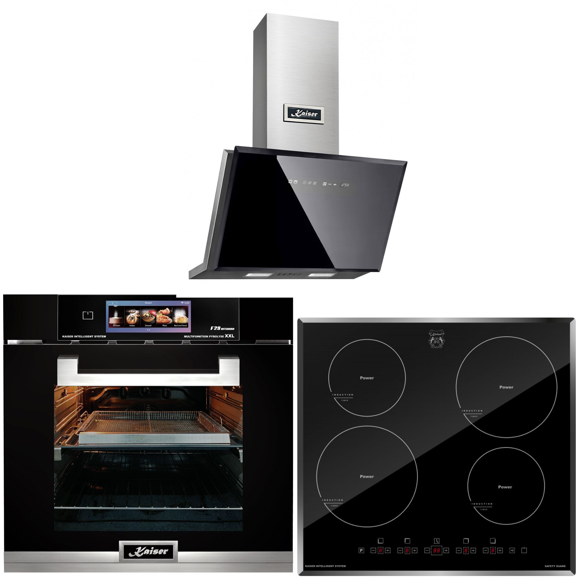 Kaiser Küchengeräte Backofen-Set Herd Set Autark Multifunktions-Elektro-Backofen mit Pyrolyse und Dampfreinigung, TFT Display, 60cm, 86L mit Induktionskochfeld 60 cm, Autark,Facettenschliff, Kochfeld 4xQickHeat Kochzonen+Dunstabzugshaube 60 cm, Edelstahl, 1250m³/h EH 6344 N+KCT 6105 FI+AT 6430 F ECO, mit 1-fach-Teleskopauszug, Einbaubackofen 60 cm+Induktionskochfeld 60 cm+Dunstabzugshaube 60 cm