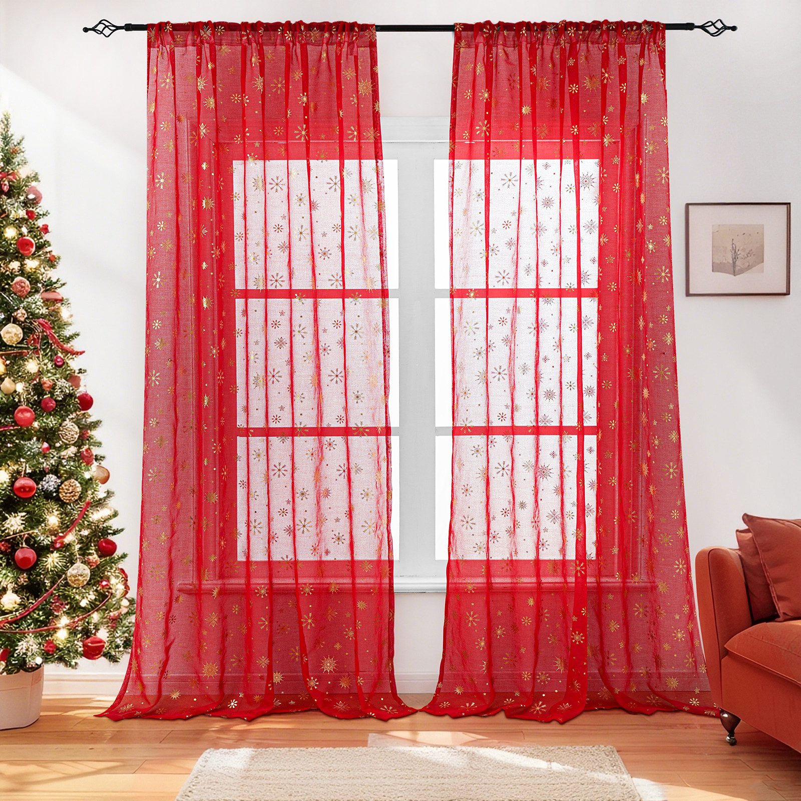 Jibenhome Gardine Vorhang Weihnachten Schneeflocke,Transparentvorhang,Weihnachtsdeko (2 St), halbtransparent, Voile Gardinen für Wohnzimmer, Schlafzimmer, Partydekoration