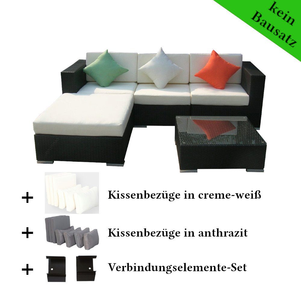 LinJa Gartenlounge-Set Poly Rattan Gartenmöbel Houston schwarz Alu Garnitur Lounge Garten, (Set)