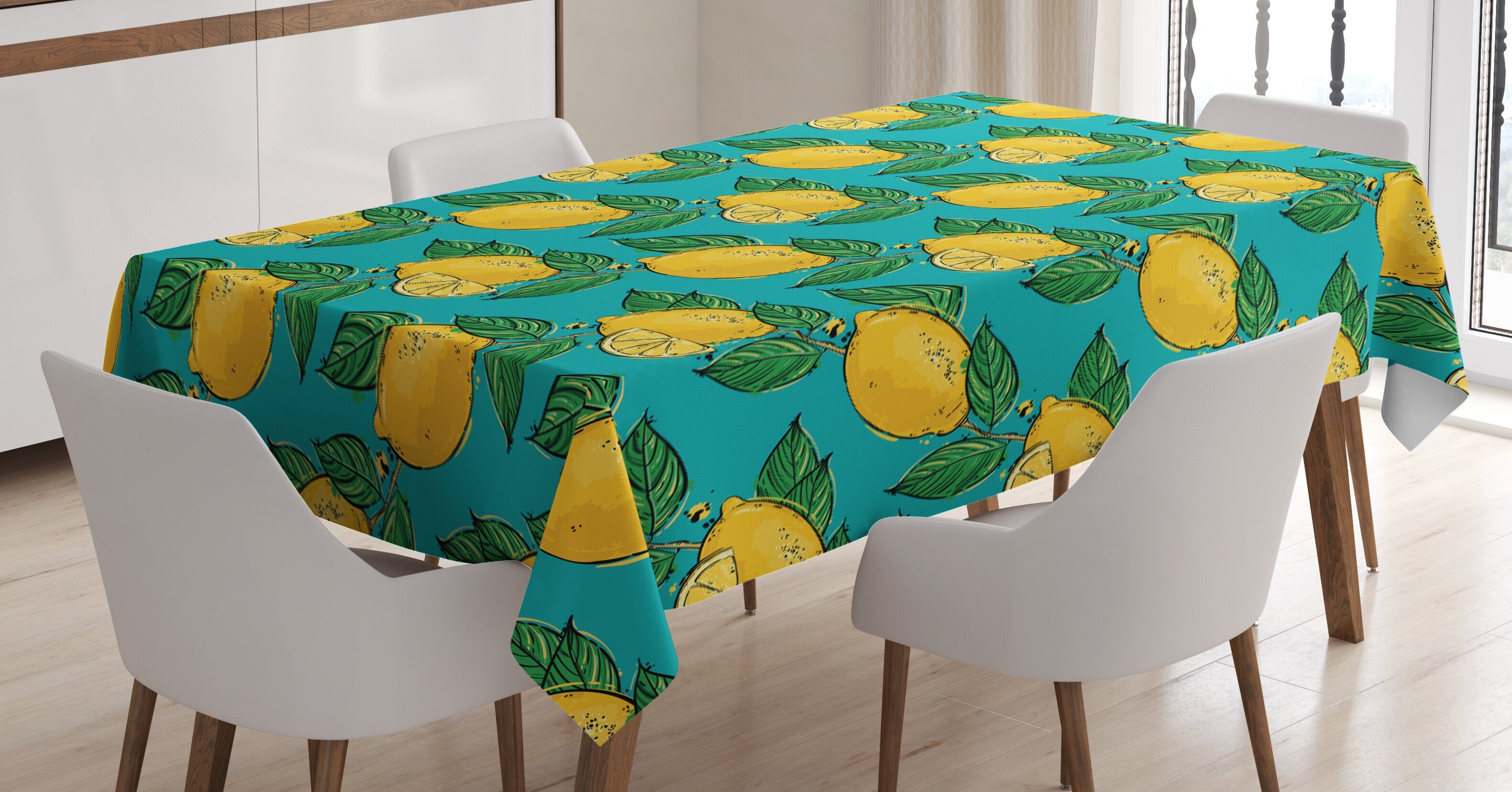 Abakuhaus Tischdecke Farbfest Waschbar Für den Außen Bereich geeignet Klare Farben, Vegetarier Hand gezeichnete Art Zitronen