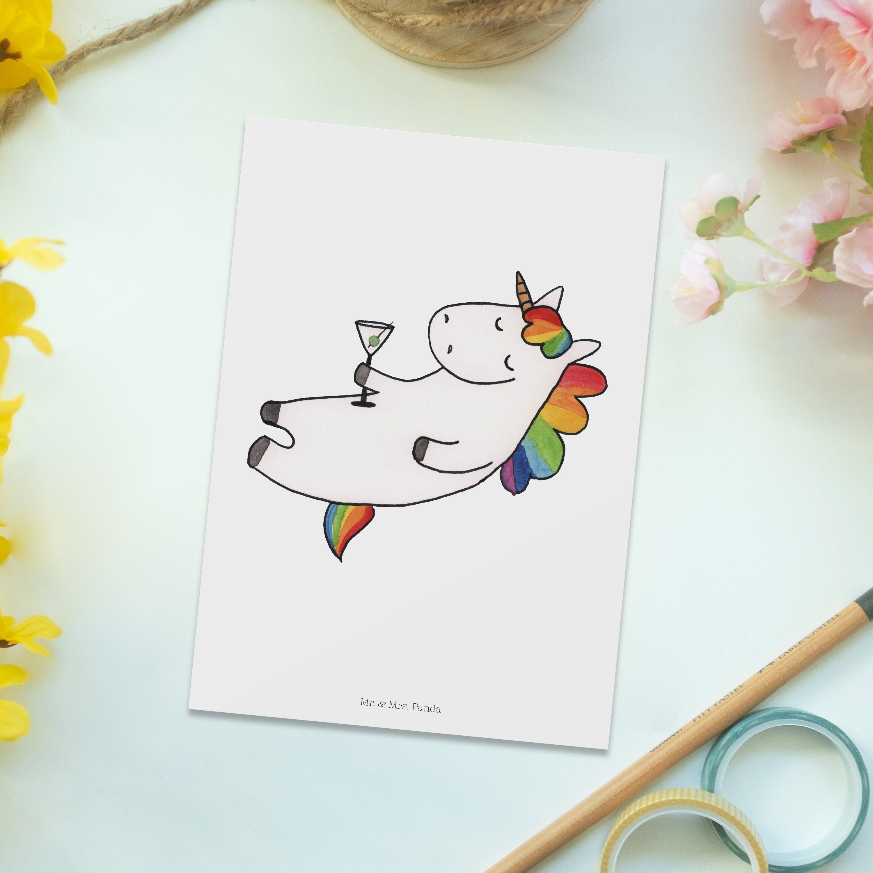 Mr. & Mrs. Panda Postkarte Geschenk, Cocktail Geschenkkarte Einhorn - Geburtstagskarte, - Weiß