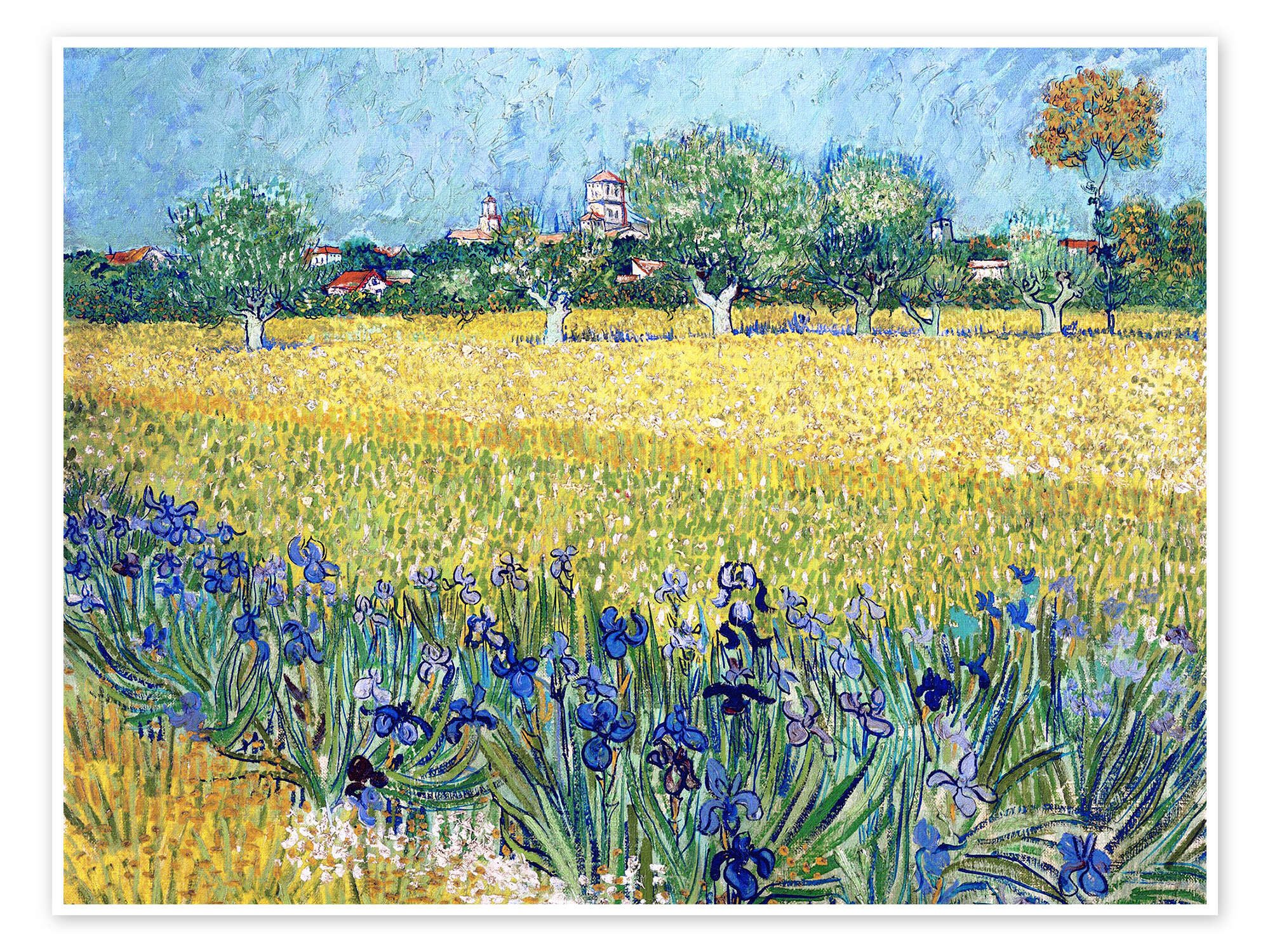 Posterlounge Wandbild Arles mit Irisblüten im Vordergrund, Vincent van Gogh, erhältlich als Poster, Leinwandbild, Wandsticker oder Acrylglasbild